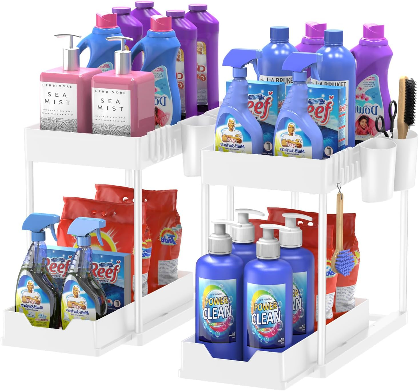 DILEASIR 2 Pack Kitchen Under Sink Organizer, with Hooks, Hanging Cup, for Bathroom, Laundry room, White