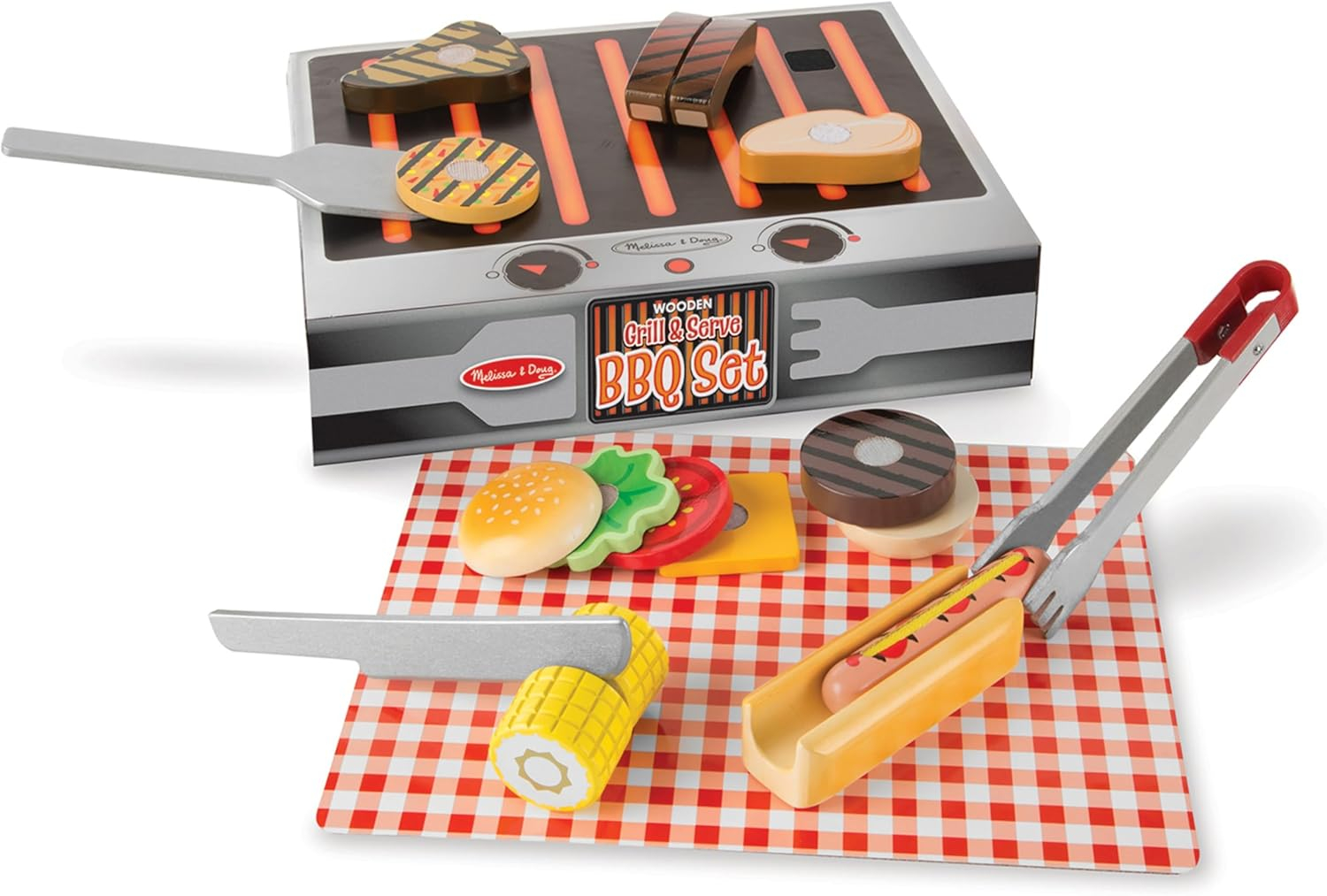 Melissa & Doug Grill and Serve BBQ Set (20 pcs) - Wooden Play Food and Accessories