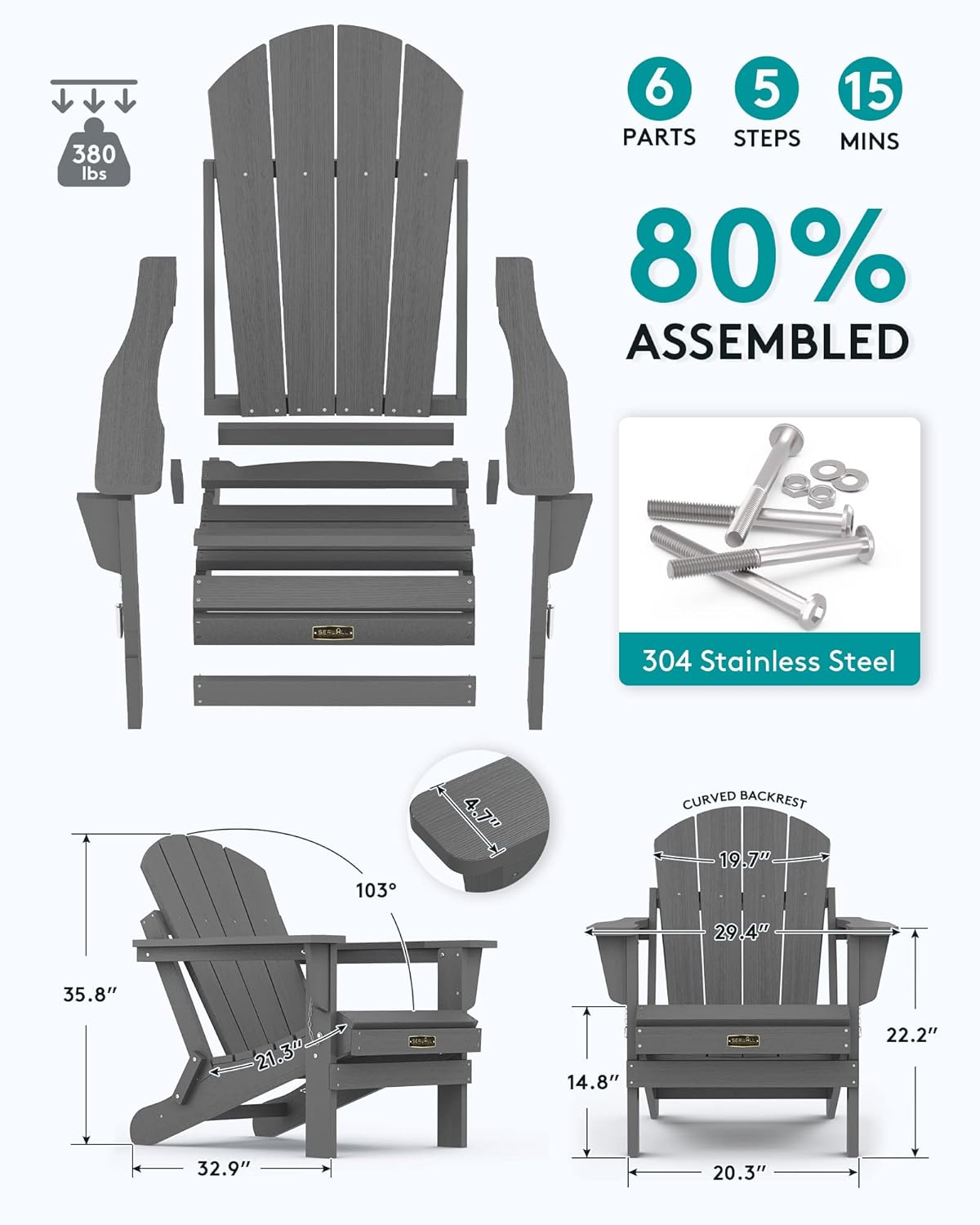 SERWALL Adirondack Chair for Patio Garden Outdoors Fire Pit- (Folding Gray)