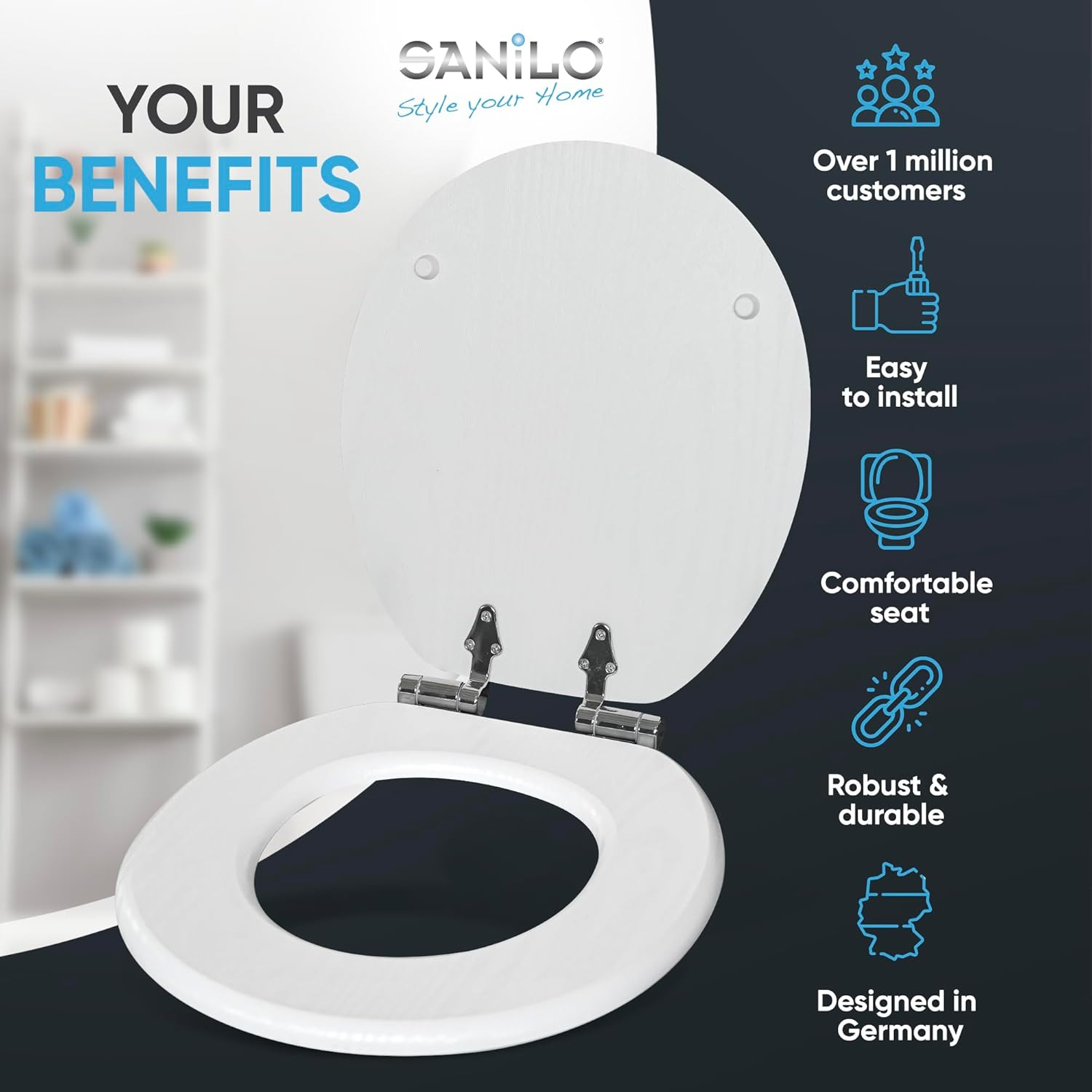 Sanilo Toilet Seat ROUND with Soft Close, Quiet and Slow Close Lid and Seat, Strong Bumpers and Hinges, Marble Gray
