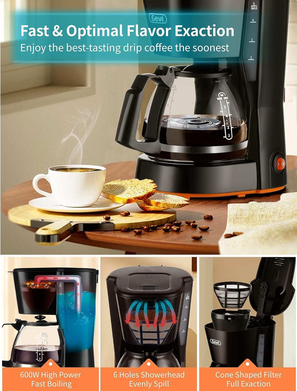 Gevi 5 Cups Small Coffee Maker, Compact Coffee Machine with Filter, Warming Plate and Coffee Pot,New Condition