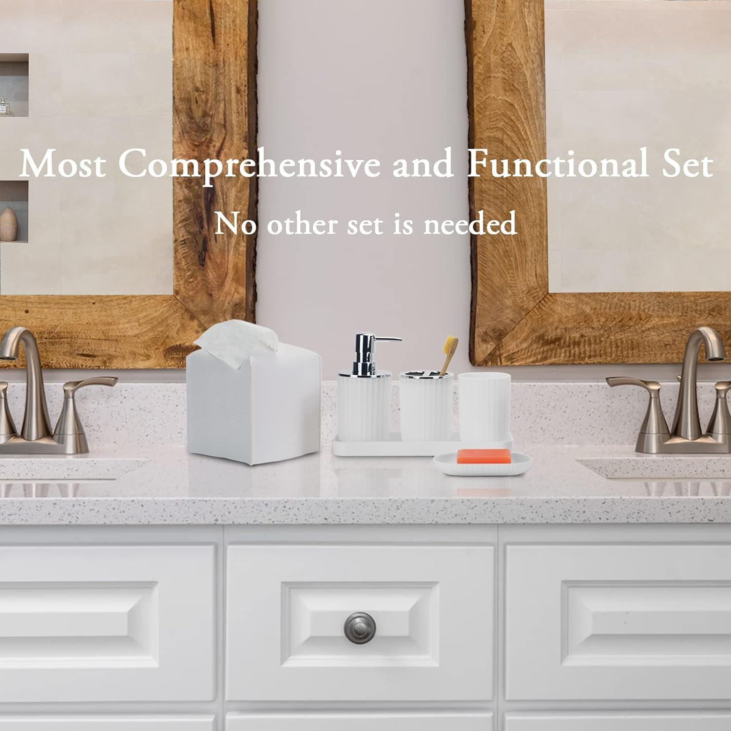 Bathroom Accessory Set - 10 PCS White Bathroom Accessories Sets Complete with Trash Can, Toothbrush Holder, Soap Dispenser, Soap Dish, Toilet Brush & Holder, Vanity Tray, Qtip Holder, Tissue Box Cover