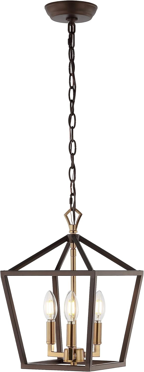 Ojai 10" 3-Light Iron Classic Modern Lantern LED Pendant, Oil Rubbed Bronze/Brass Gold