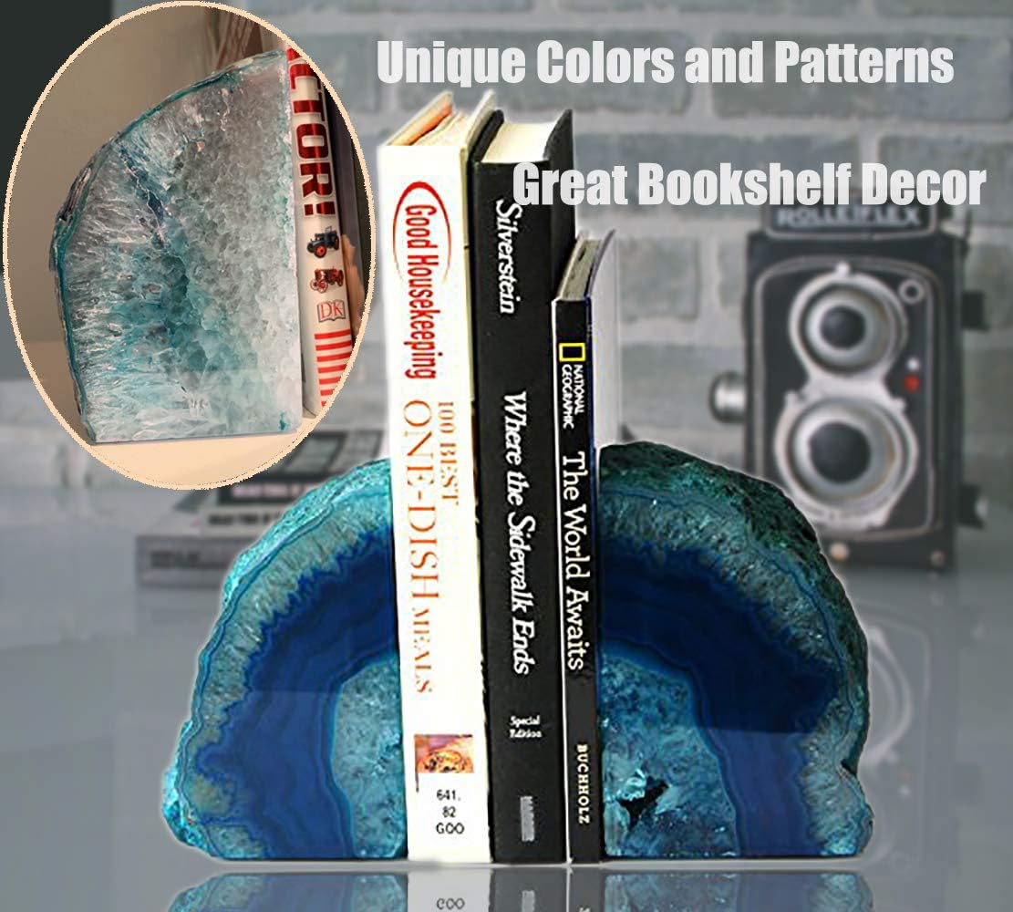AMOYSTONE Agate Geode Bookends Heavy Duty Stone Book Ends Decorative Bookend Holder Home Office Decor with Rubber Bumpers Teal 1 Pair, 2-3 LBS