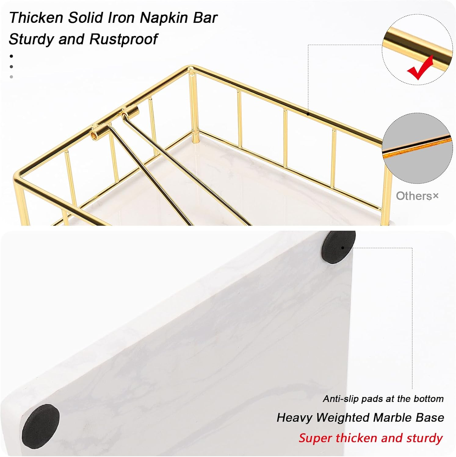Livabber Flat Napkin Holder, Metal Kitchen Napkin Holder with Weighted Tension Arm Rustic Tissue Paper Dispenser for Countertop, Table Kitchen, Dining Room (With Marble Base, Gold)