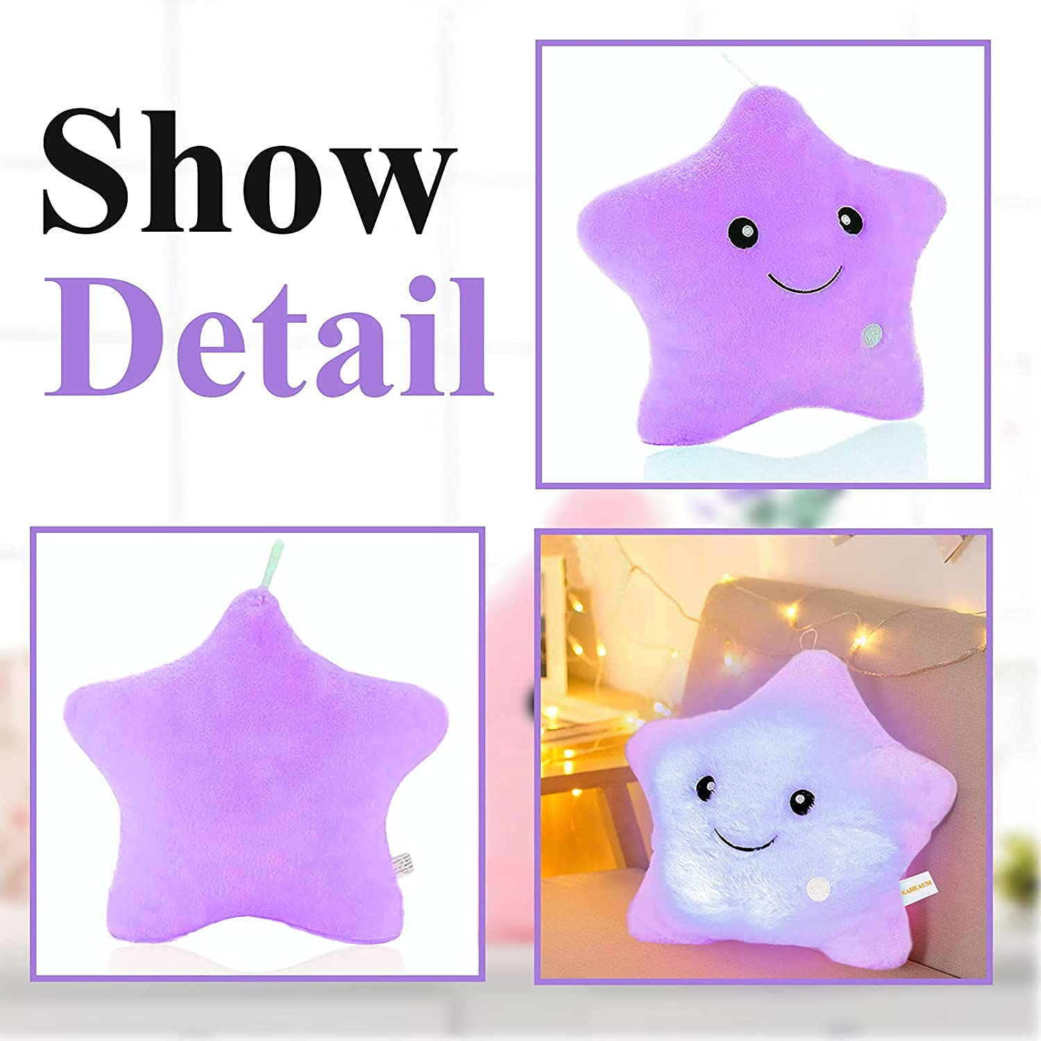 Twinkle Twinkle Little Star Pillow,Cute Plush Pillows for Kids Pillows Decorative LED Light Up Night Toy and Glow Pillow Gifts,Girls Stuffed Animal Shaped Throw Pillows Doll,Purple