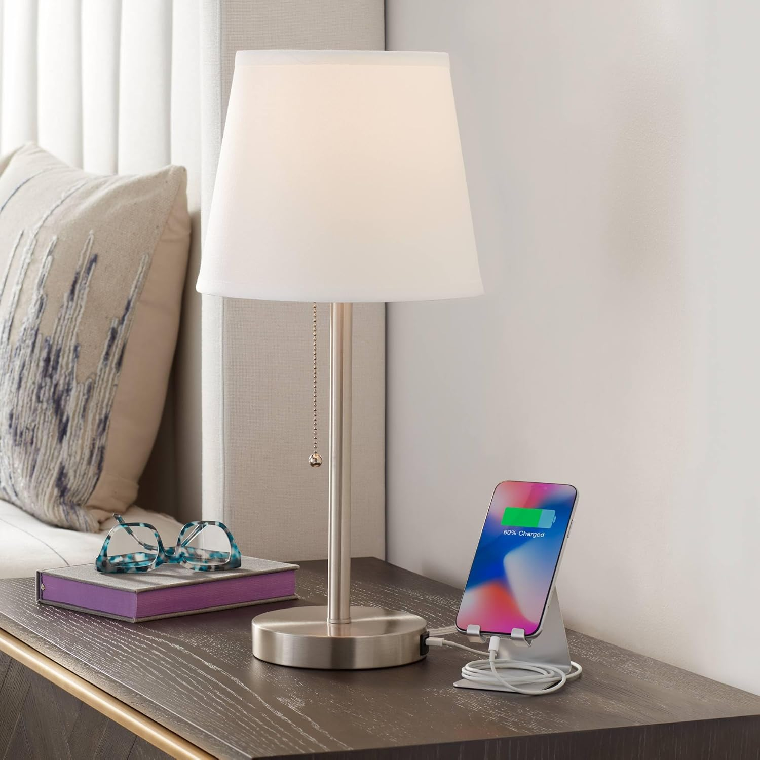 Brushed Nickel Table Lamp with USB and White Shade