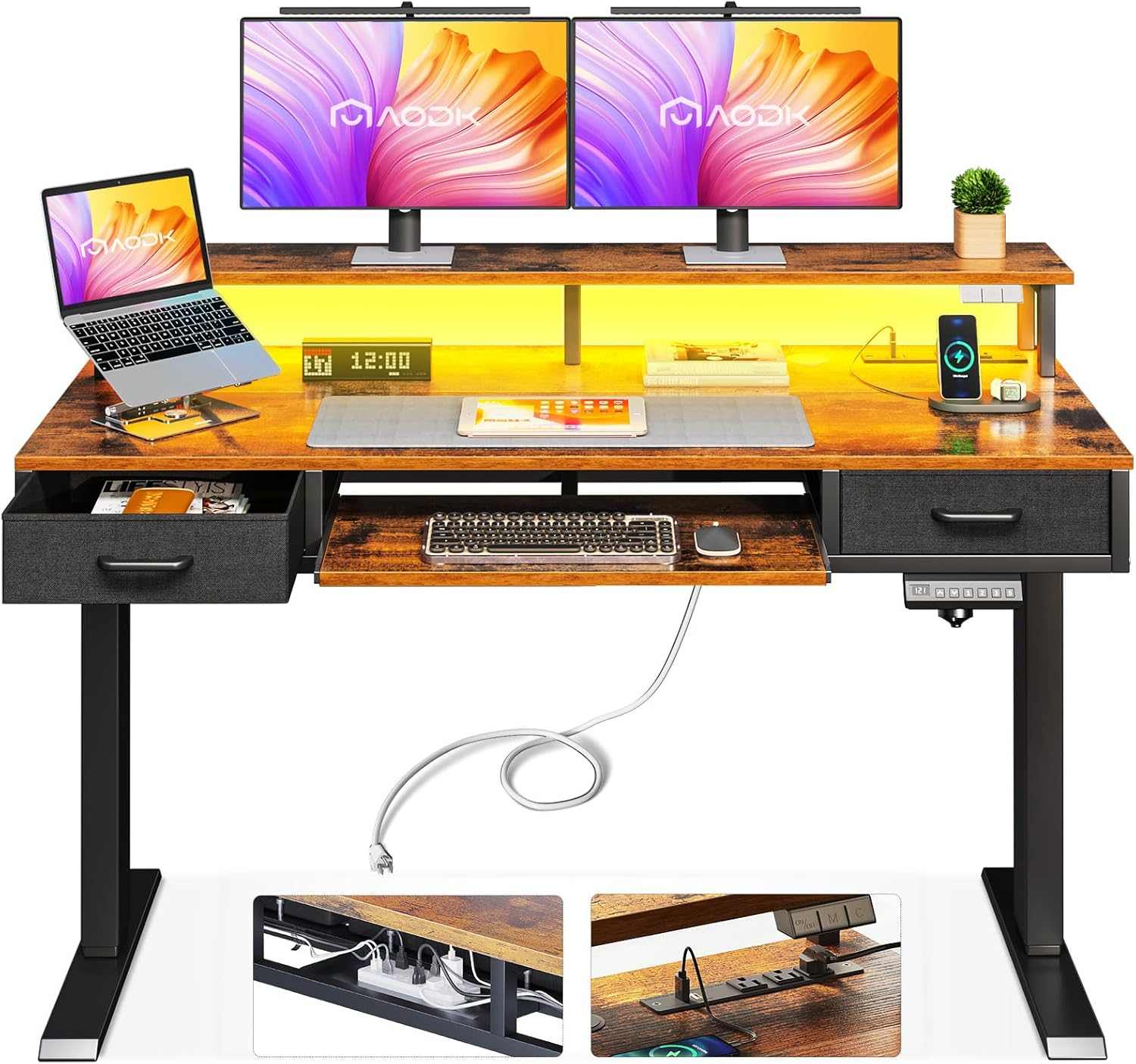 AODK Electric Standing Desk with Drawers & Keyboard Tray, 47 Inch Height Adjustable Small Gaming Desk with Power Outlets & LED Lights, Sit Stand Table with Monitor Stand for Home, Office, Rustic Brown