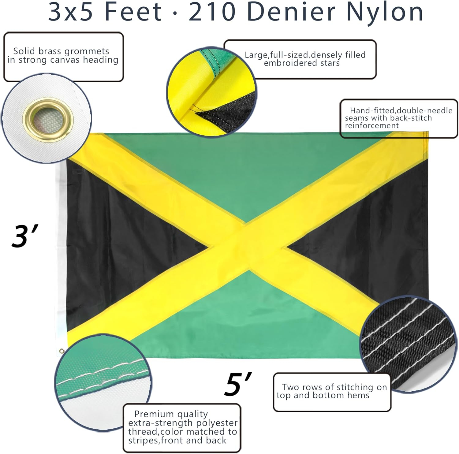 Anley 3x5 Ft Heavy Duty Nylon Jamaica Flag - Embroidered and Sewn Stripes - Jamaican National Banner Flags