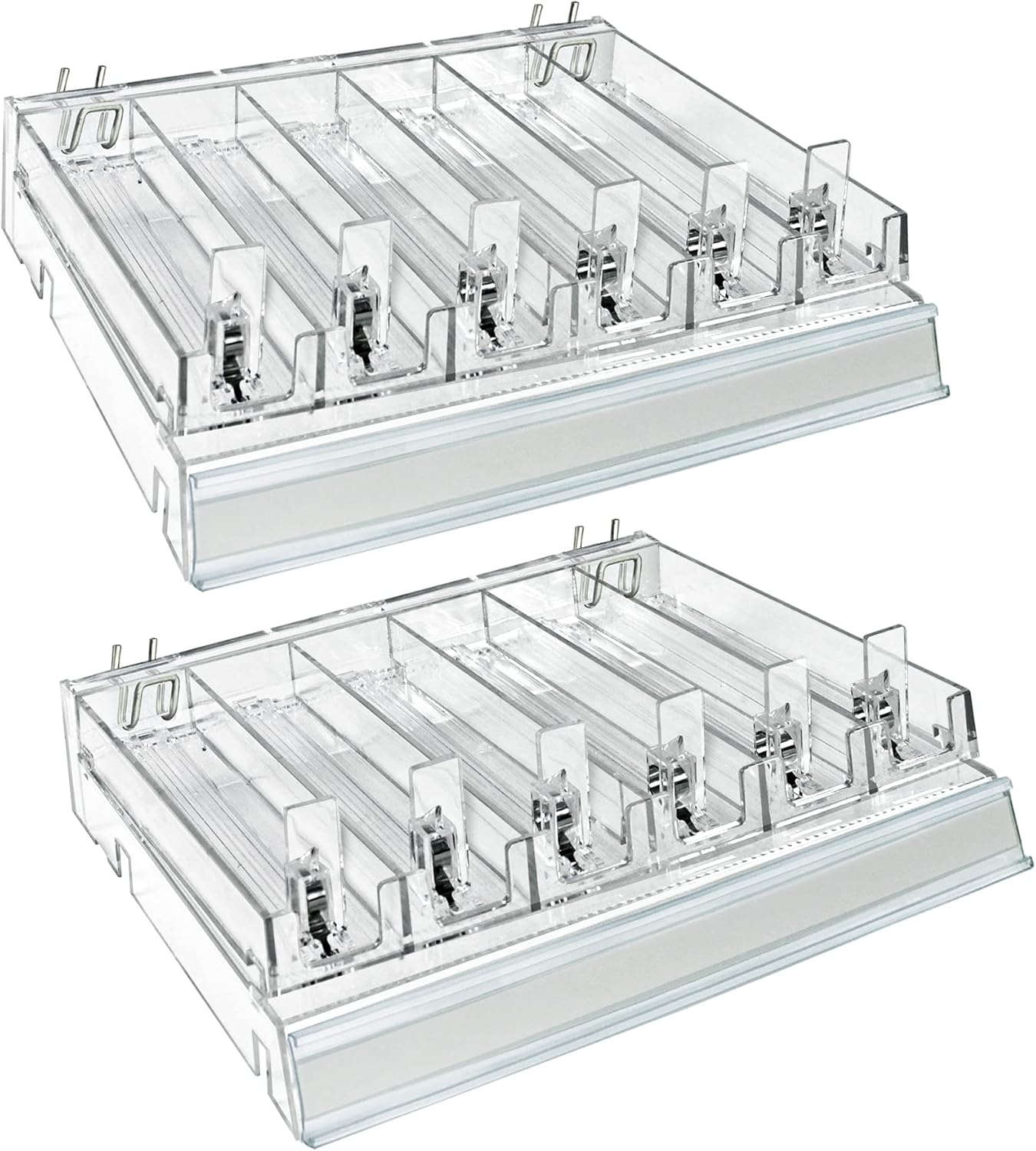 Azar Displays Clear 6 Compartment Divider Bin Cosmetic Tray with Pushers - 6 Slots per Tray, 2-Pack (Set of 2)