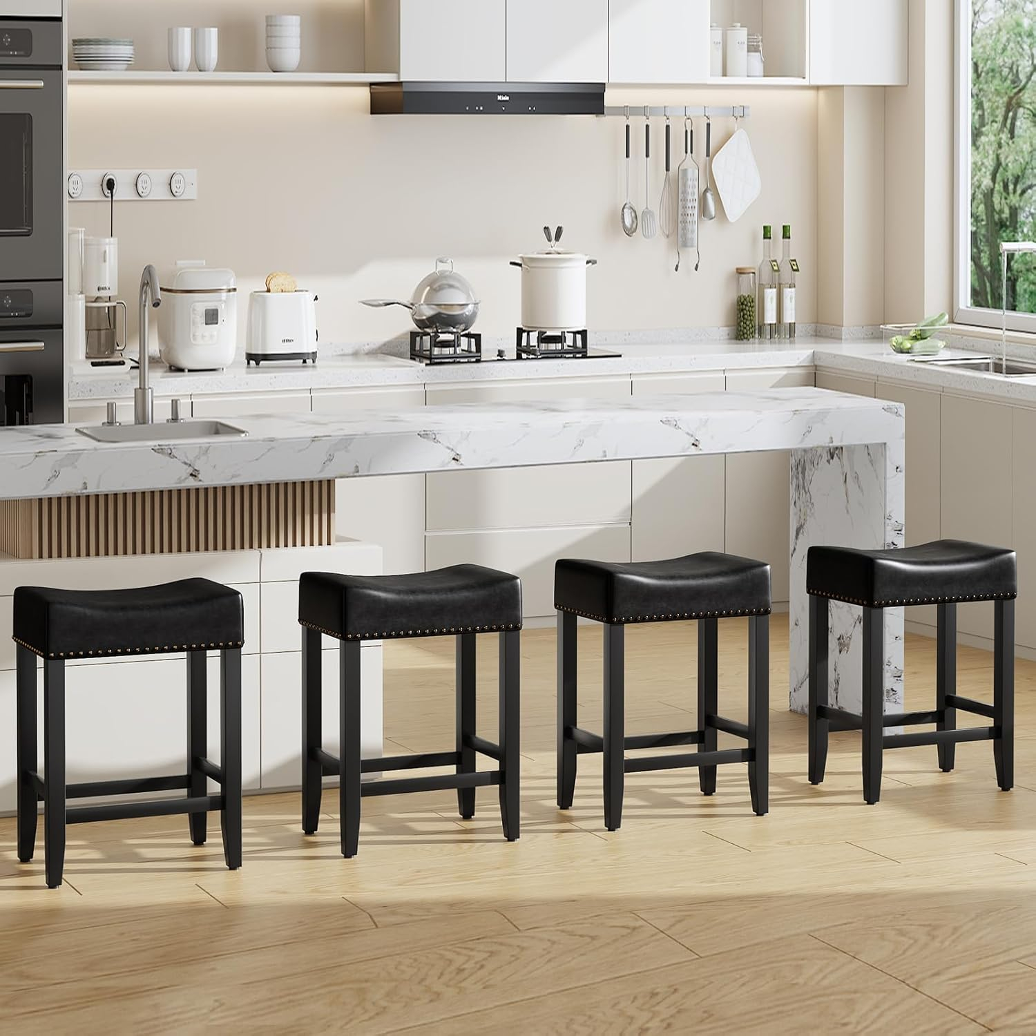 Furniliving 26" Counter Height Bar Stools, Linen Backless Saddle Seat Barstools, Set of 4,Beige