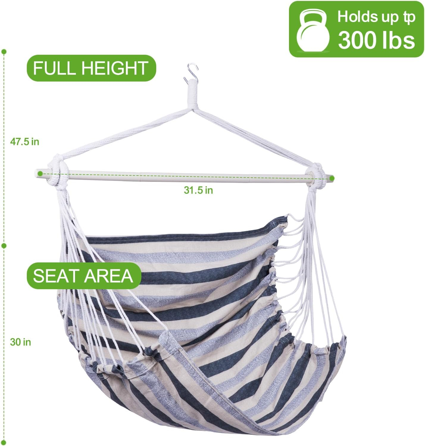 Backyard Expressions Striped Hammock Chair Hanging Rope Swing Chair, Anti Slip Steel Spreader Bar