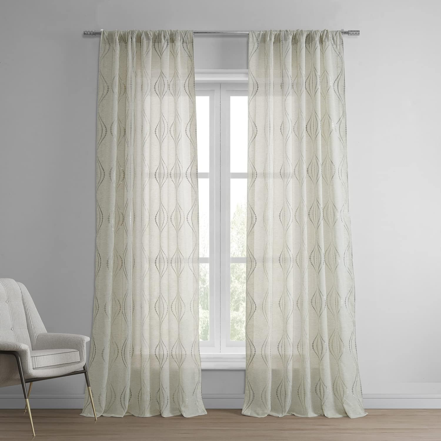 Suez Bronze Embroidered Faux Linen Sheer Curtain (1 Panel), Suez Bronze, 50W X 96L
