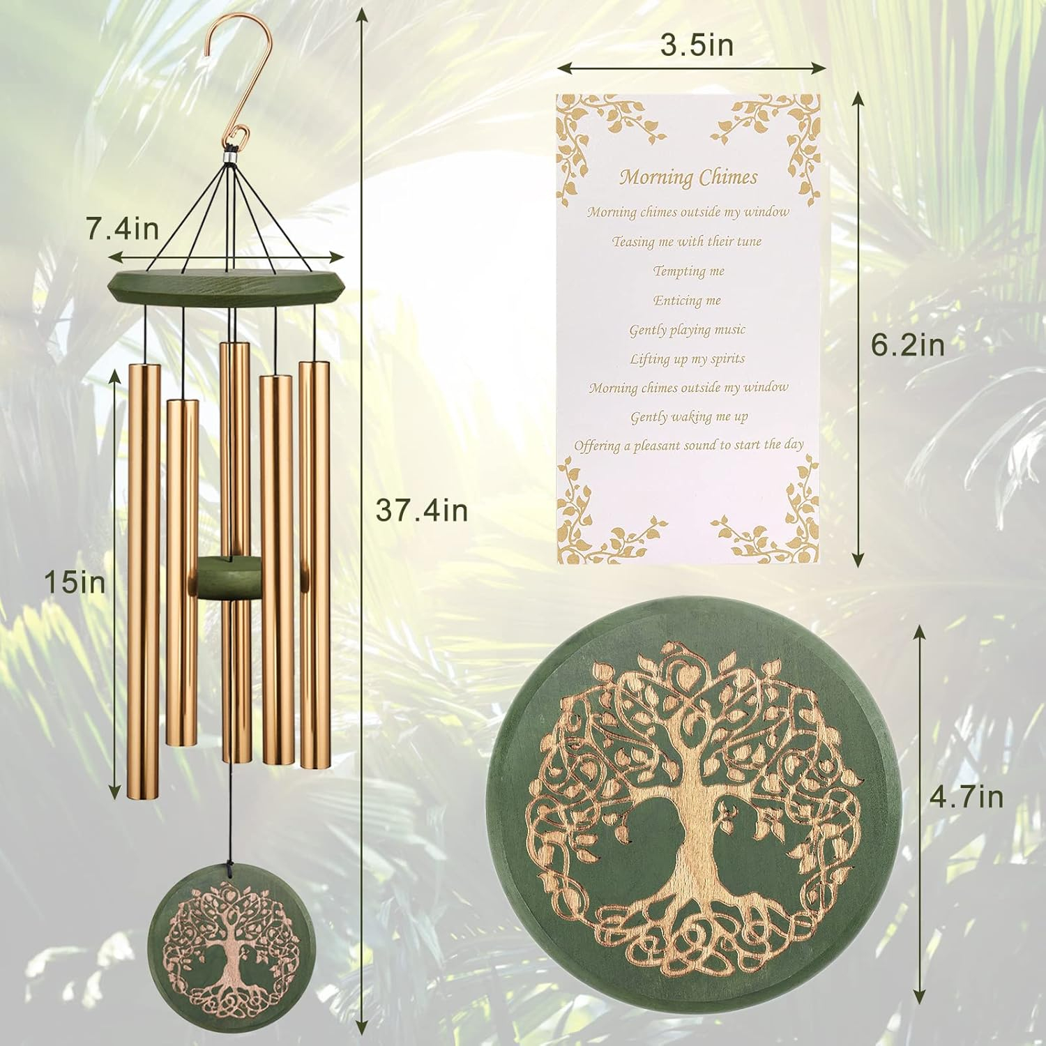 Wind Chimes for Outside Engraved Tree of Life 36 Large Deep Tone Wind Chime, Memorial Sympathy Gift Wind Chimes for Loved One Or Home Garden Patio Backyard Hanging Decor, Gold.