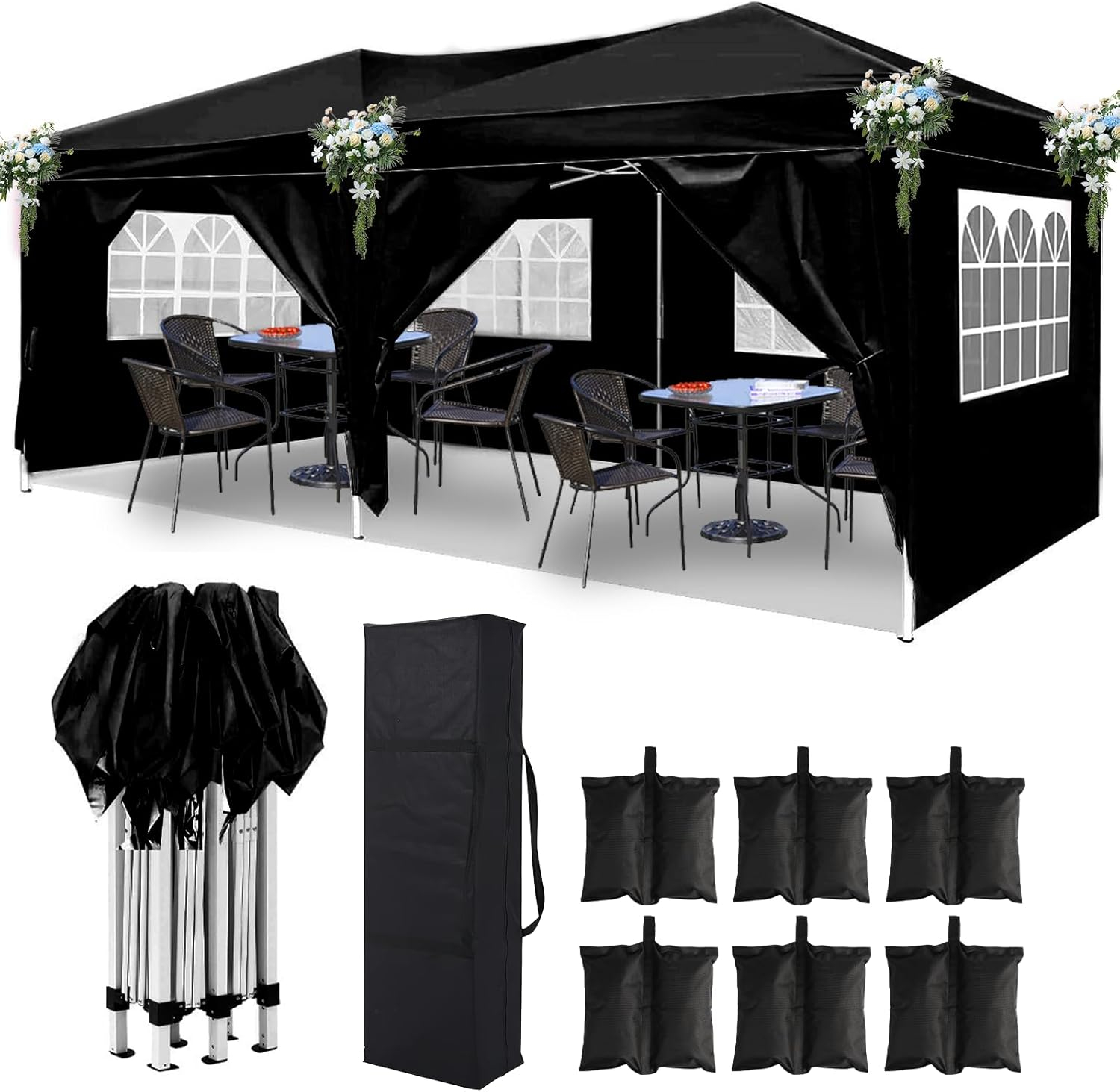 10x20 Black Pop Up Canopy Outdoor Party Tent with 6 Sidewalls, Wedding Party Tent Outdoor Waterproof UV50 Canopy Event Shelter Tents for Parties, 6 pcs Weight Bag,Carry Bag