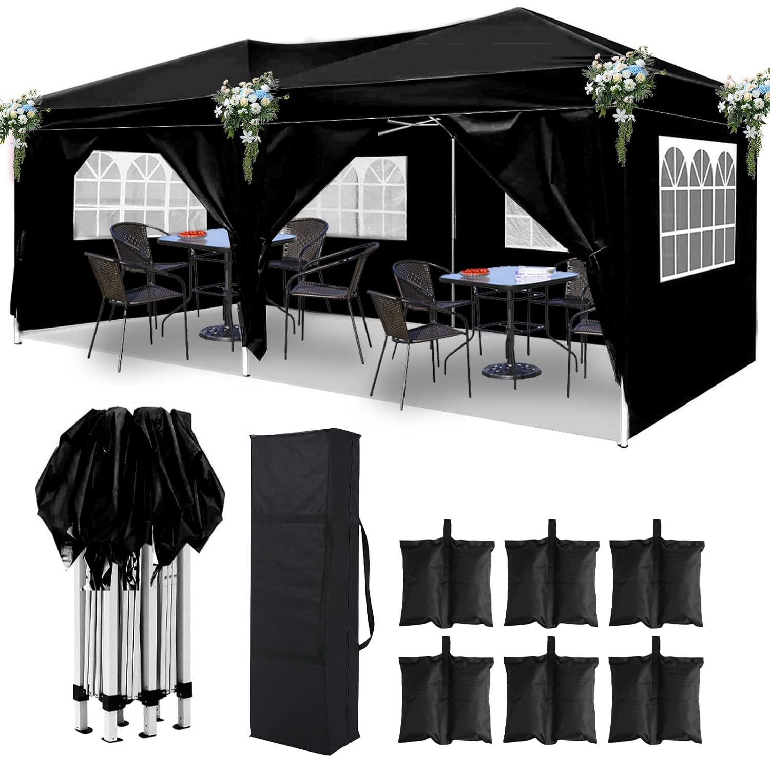 10x20 Black Pop Up Canopy Outdoor Party Tent with 6 Sidewalls, Wedding Party Tent Outdoor Waterproof UV50 Canopy Event Shelter Tents for Parties, 6 pcs Weight Bag,Carry Bag