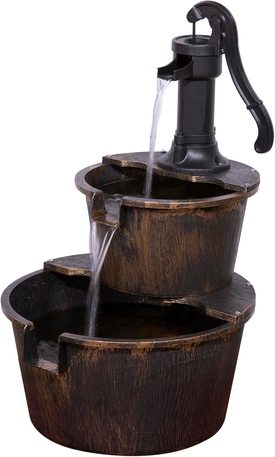 Alpine Corporation 27" Two-Tier Barrel & Pump Outdoor Fountain, Bronze