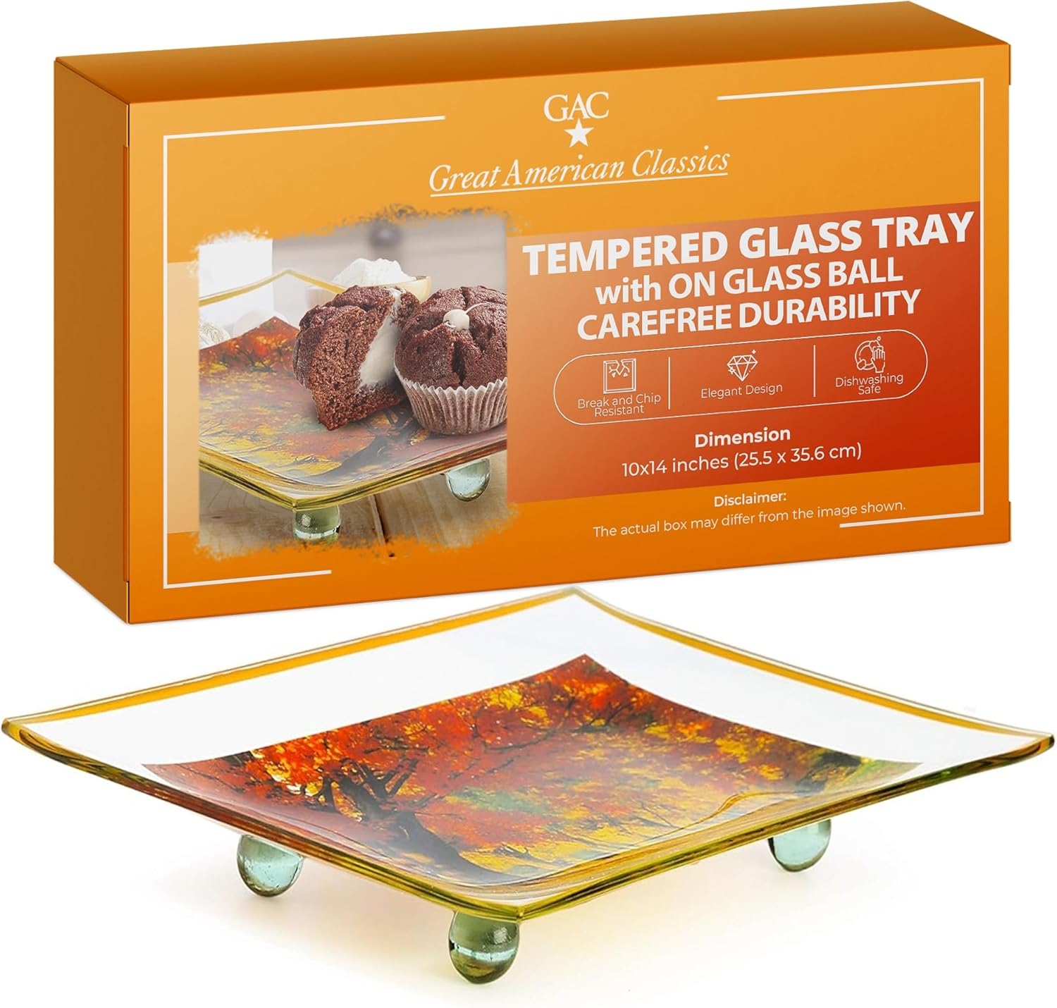 GAC Unique Landscape Design Rectangular Tempered Glass Serving Tray on Glass Ball Legs – 10x14 Inch – Break Resistant – Oven, Microwave, and Dishwasher Safe–Attractive Yellow Colored Serving Platter