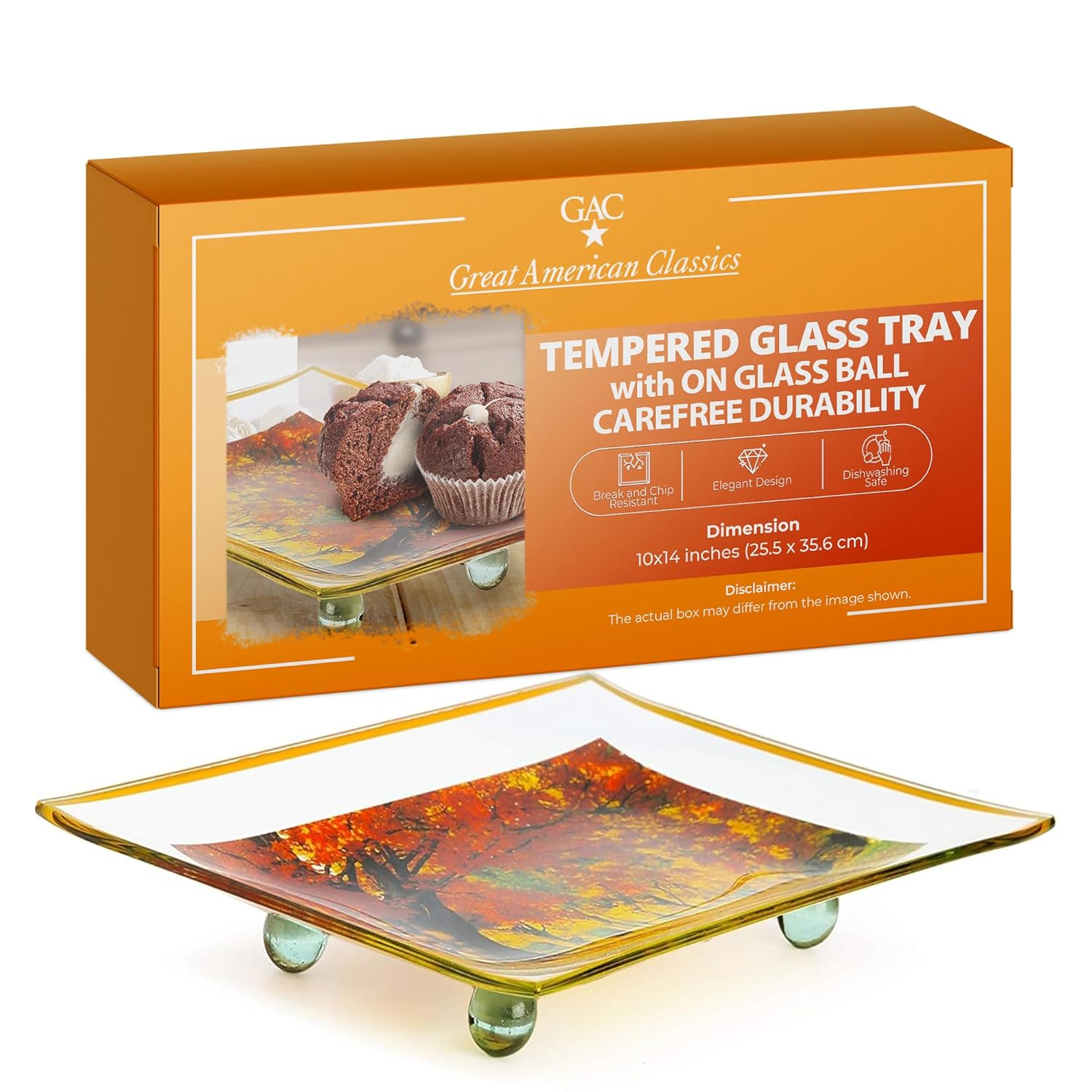 GAC Unique Landscape Design Rectangular Tempered Glass Serving Tray on Glass Ball Legs – 10x14 Inch – Break Resistant – Oven, Microwave, and Dishwasher Safe–Attractive Yellow Colored Serving Platter