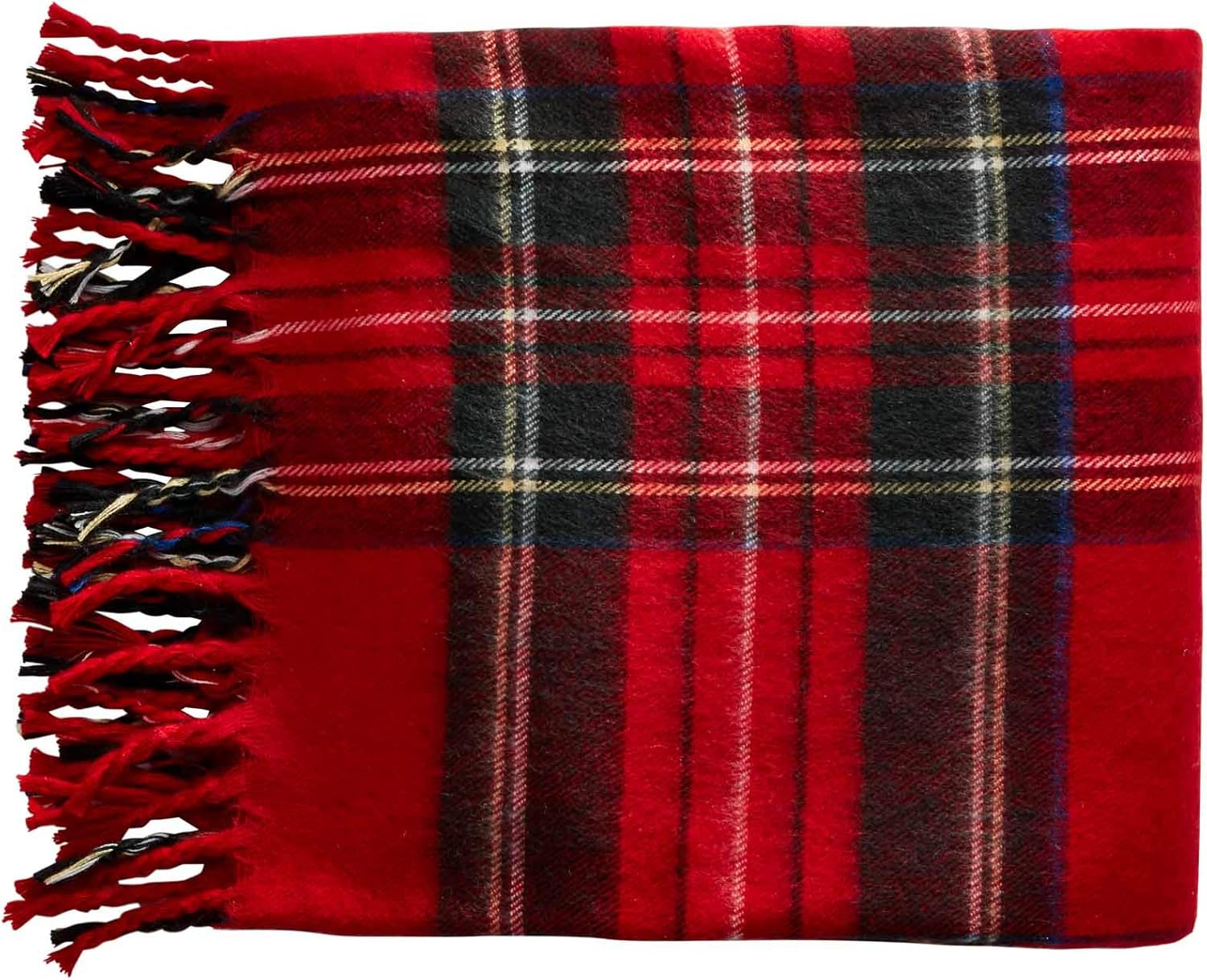 Red and Multicolor Cotton Knitted Tartan Fringe Throw Blanket
