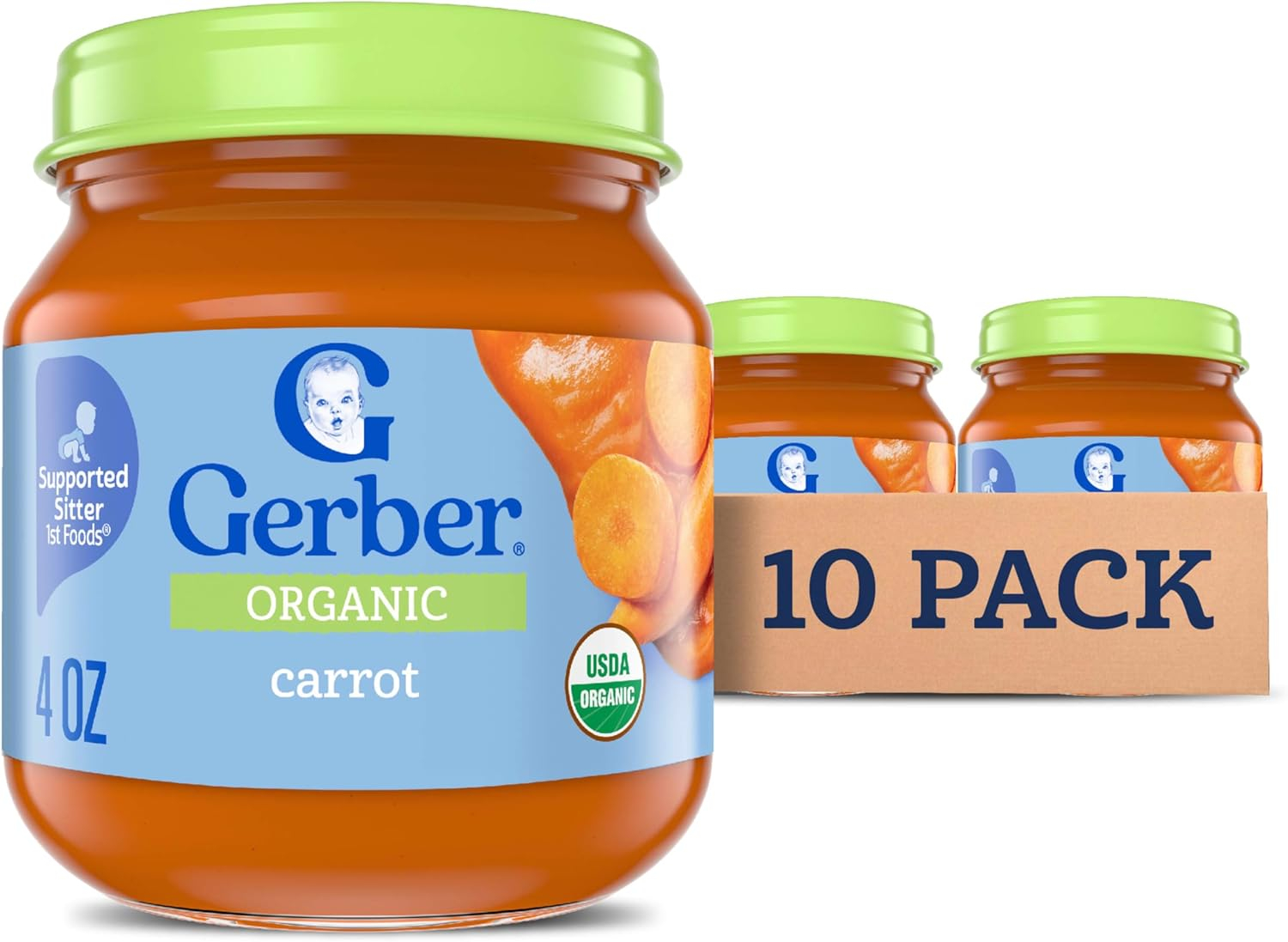 Gerber Stage 1 Baby Food, Organic Carrot Jar, Carrot Puree, Non-GMO, Vegetable Baby Food, Puree Jars Glass, 10-pack