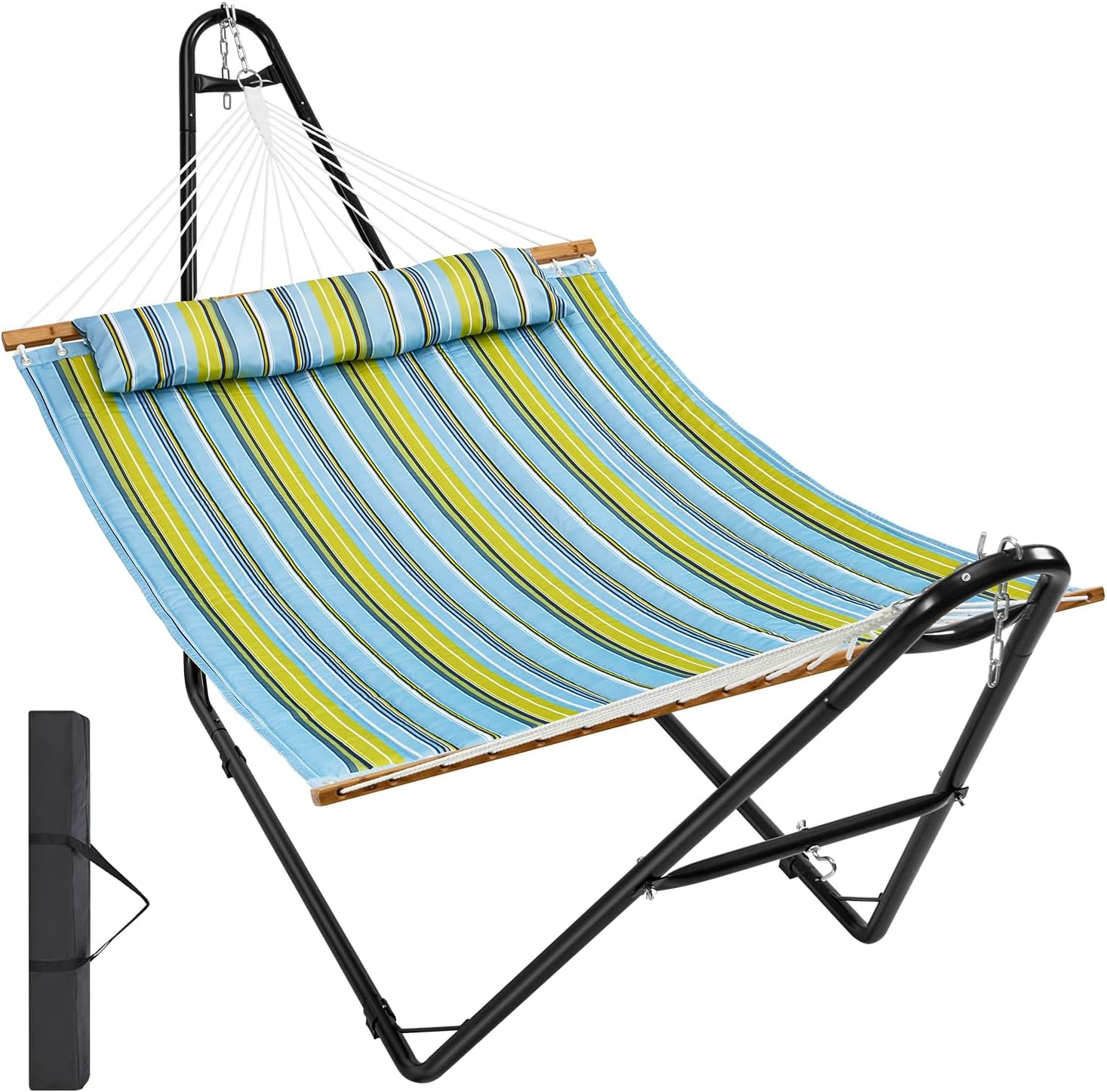 VEVOR Double Quilted Fabric Hammock with Universal Steel Stand, 2 Person Hammock with Stand, Detachable Pillow & Portable Bag 480lbs Capacity Free Standing Hammock for Outside, Patio, Garden, Beach