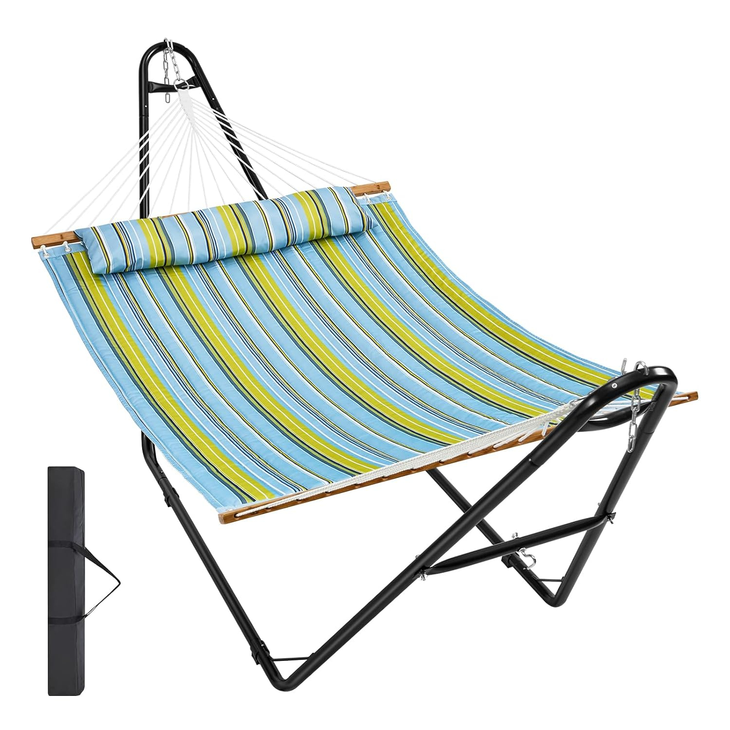 2 Person 12.3 ft Hammock with Stand Included Double Hammock with Curved Spreader Bar and Detachable Pillow