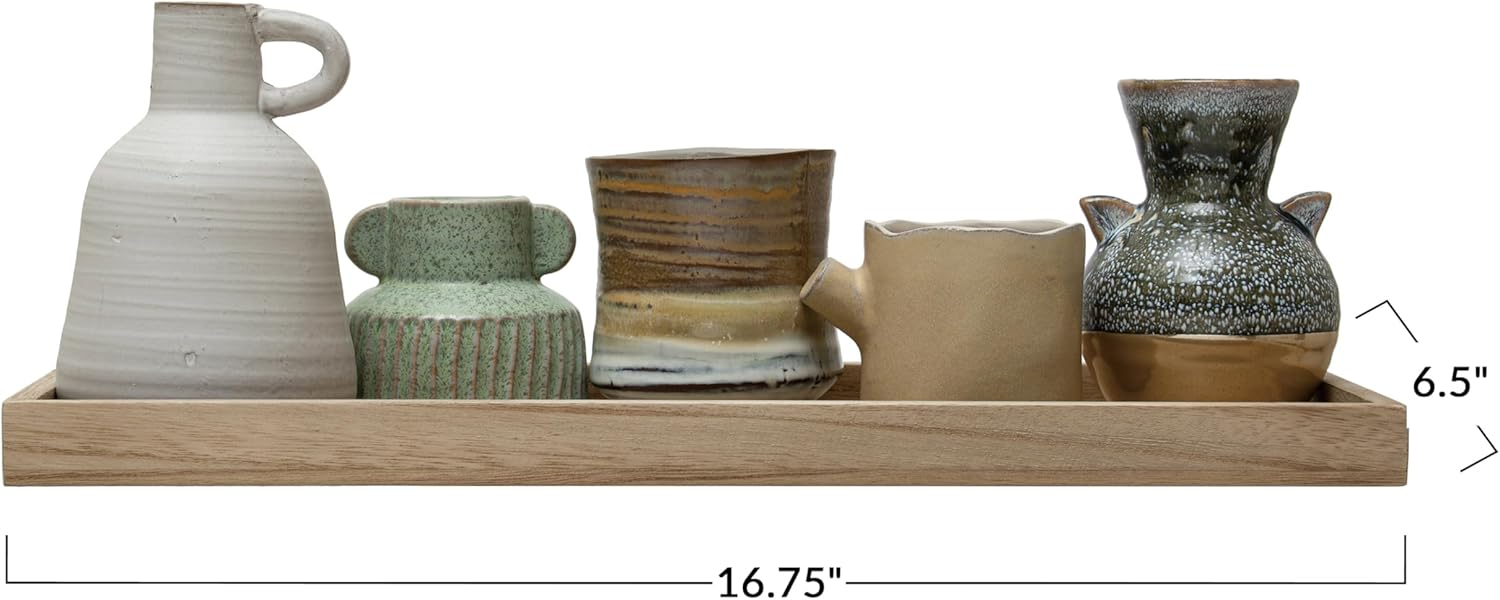 Creative Co-Op Mango Wood Tray with 3 Vases and 2 Planters, Multicolor Reactive Glaze, Set of 6