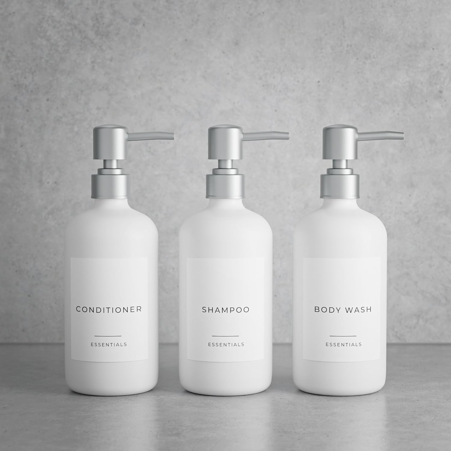 Stylish Shampoo and Conditioner Dispenser Set of 3 - Modern 21oz Shower Soap Bottles with Pump and Labels - Easy to Refill Body Wash Dispensers for an Instant Bathroom Decor Upgrade - White C31