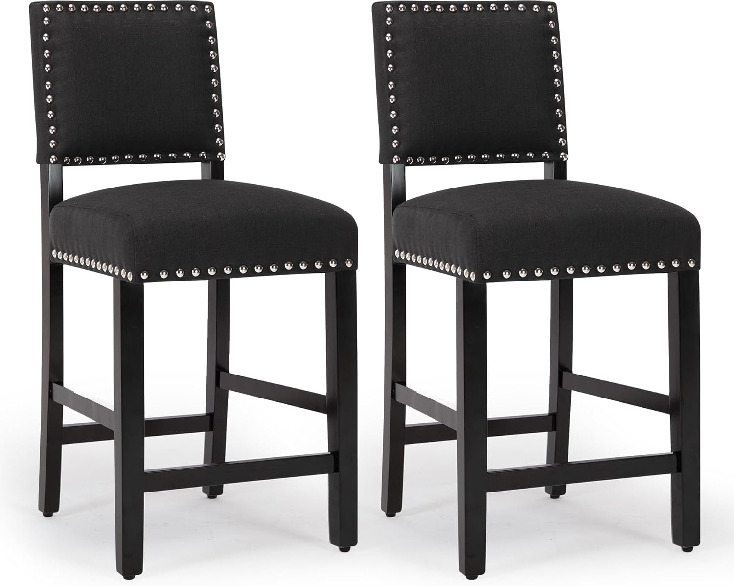 LSSBOUGHT Counter Height Barstools Linen Fabric Upholstered Counter Stool with Rubber Wood Legs Nailed Trim Bar Chair for Kitchen Island (Black, 2Pcs 24" Seat Height)
