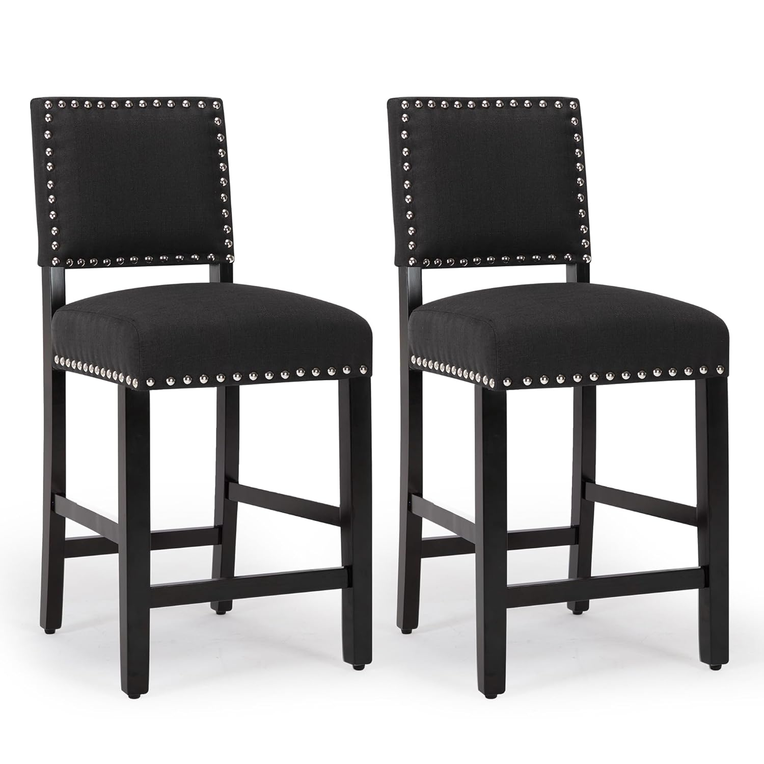 LSSBOUGHT Counter Height Barstools Linen Fabric Upholstered Counter Stool with Rubber Wood Legs Nailed Trim Bar Chair for Kitchen Island (Black, 2Pcs 24" Seat Height)
