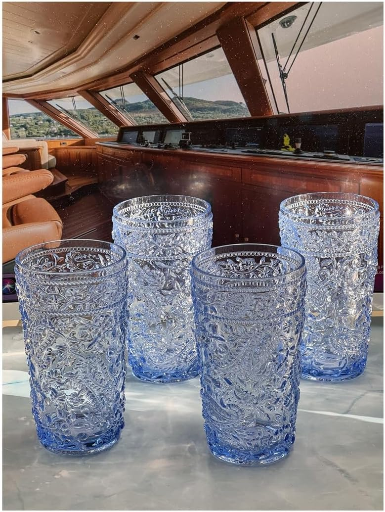 HomeRoots Set Of Four Blue Paisley Acrylic Stemless Highball Glass