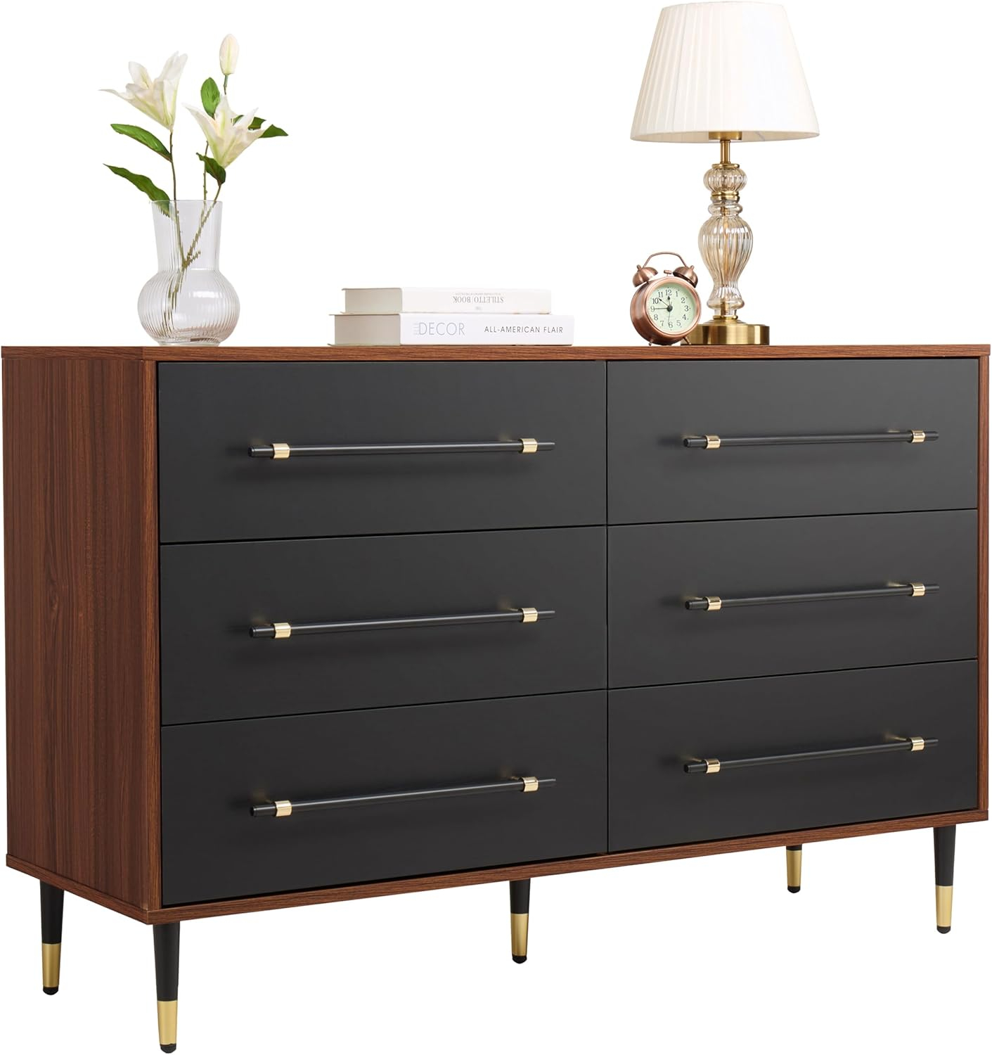 Finnhomy 6 Drawer Dresser for Bedroom, Mid Century Modern Dressers with Black Drawers, Wood Gold Dresser & Chest of Drawer with Wide Metal Handle Wooden Dresser for Bedroom/Living Room/Hallway