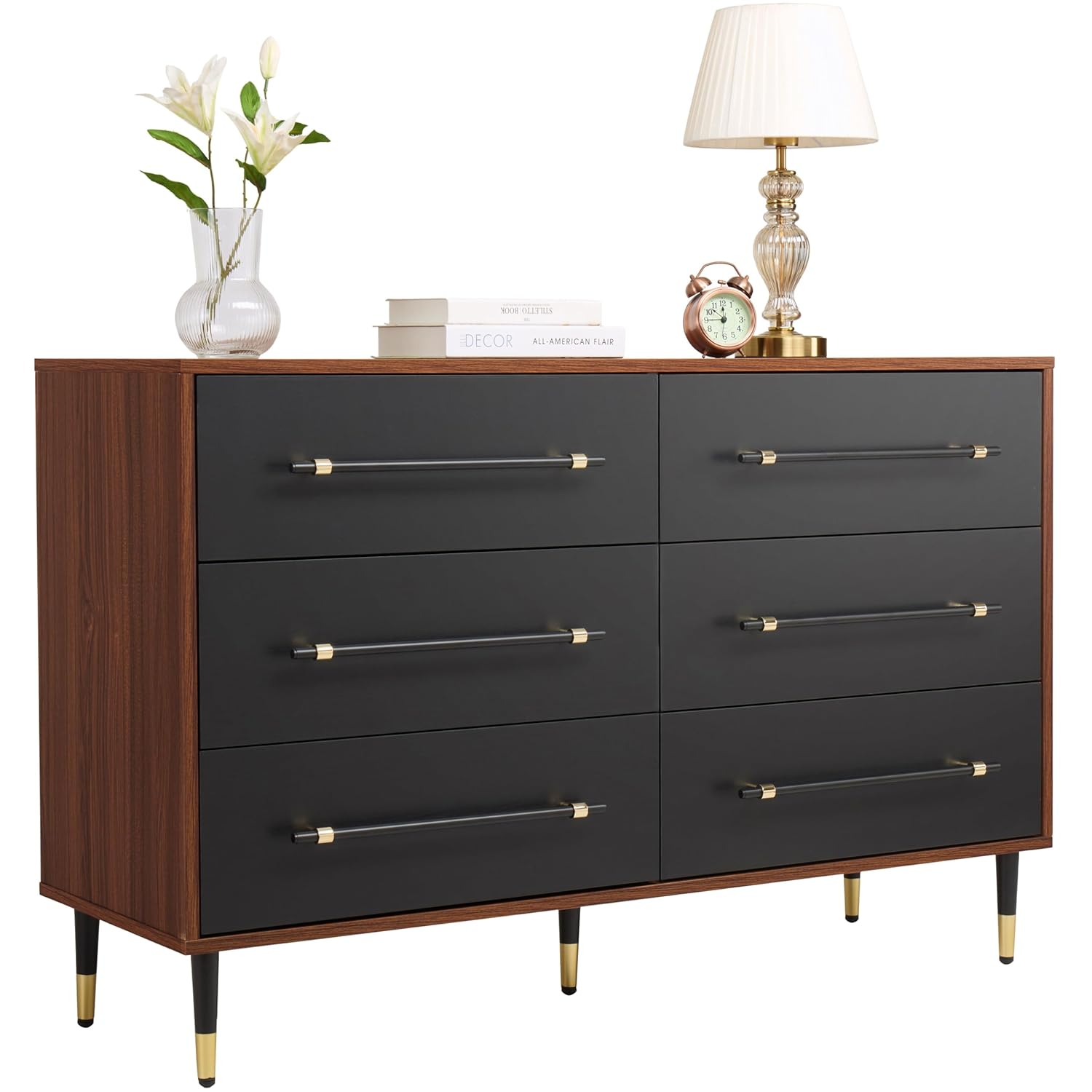 Finnhomy 6 Drawer Dresser for Bedroom, Mid Century Modern Dressers with Black Drawers, Wood Gold Dresser & Chest of Drawer with Wide Metal Handle Wooden Dresser for Bedroom/Living Room/Hallway