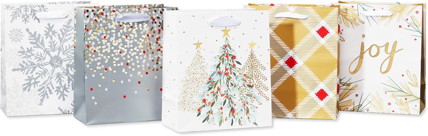 American Greetings Small Christmas Gift Bags, Gold and Silver Patterns (5 Bags)