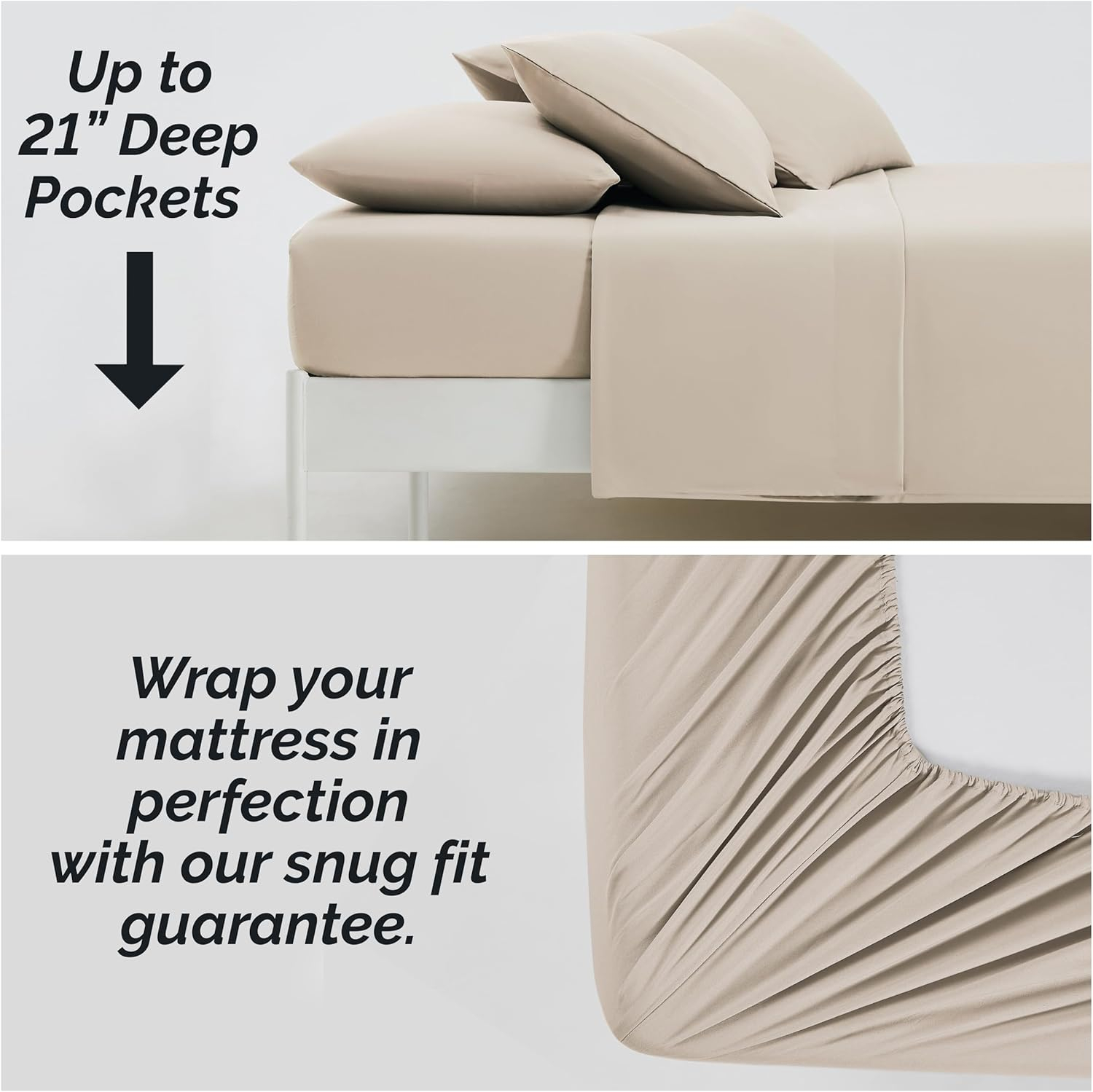 Southshore Fine Living, Inc. 6-Piece, 21-Inch Queen Sheets Deep Pocket, Pet Hair Resistant Queen Bed Sheet Set with Extra Deep Pocket Fitted Sheet, Bone Colored Sheets and Pillow Cases Set of 4, Bone