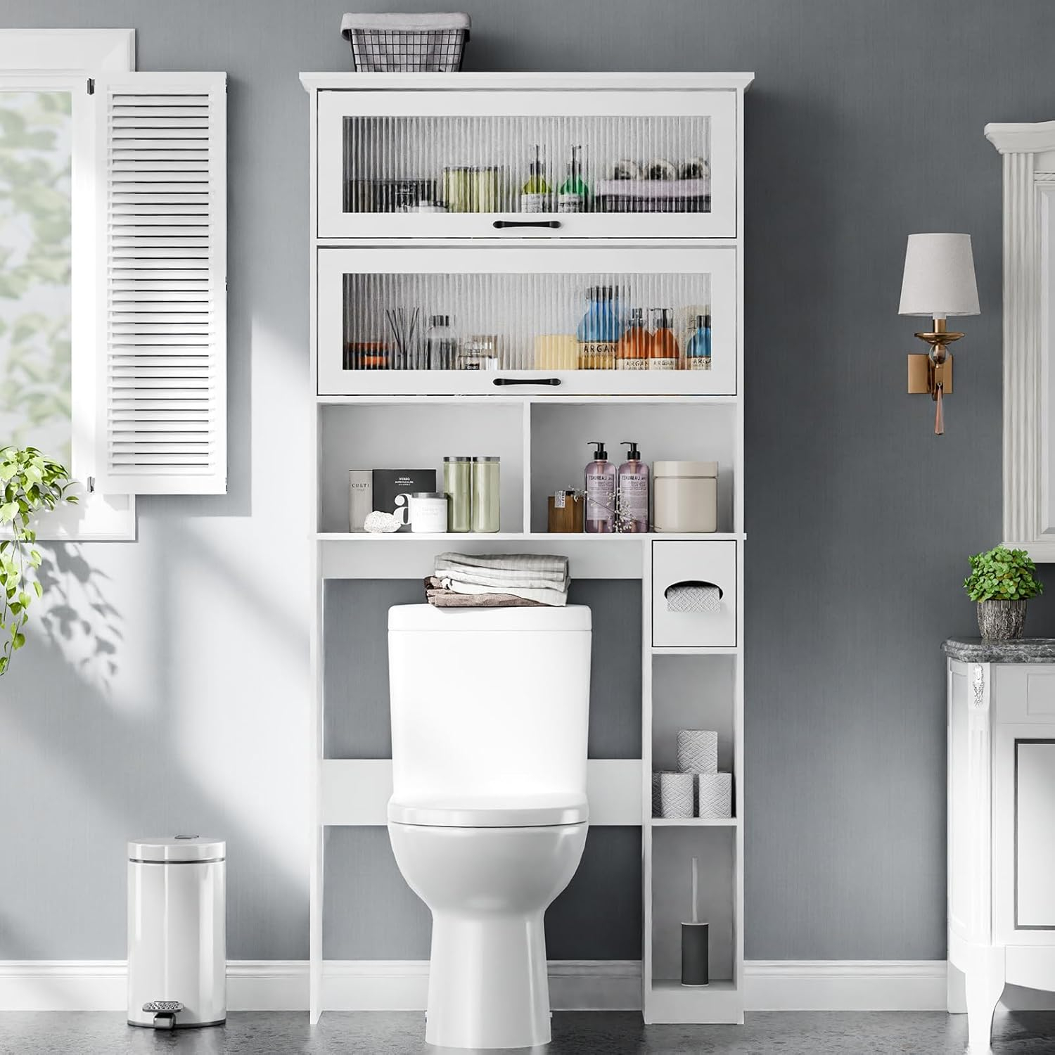 Over The Toilet Storage Cabinet with Transparent Door, Toilet Paper Storage Cabinet with Multi Layer Shelves Suitable for Bathroom, Laundry Room, Freestanding Bathroom Storage Rack,White