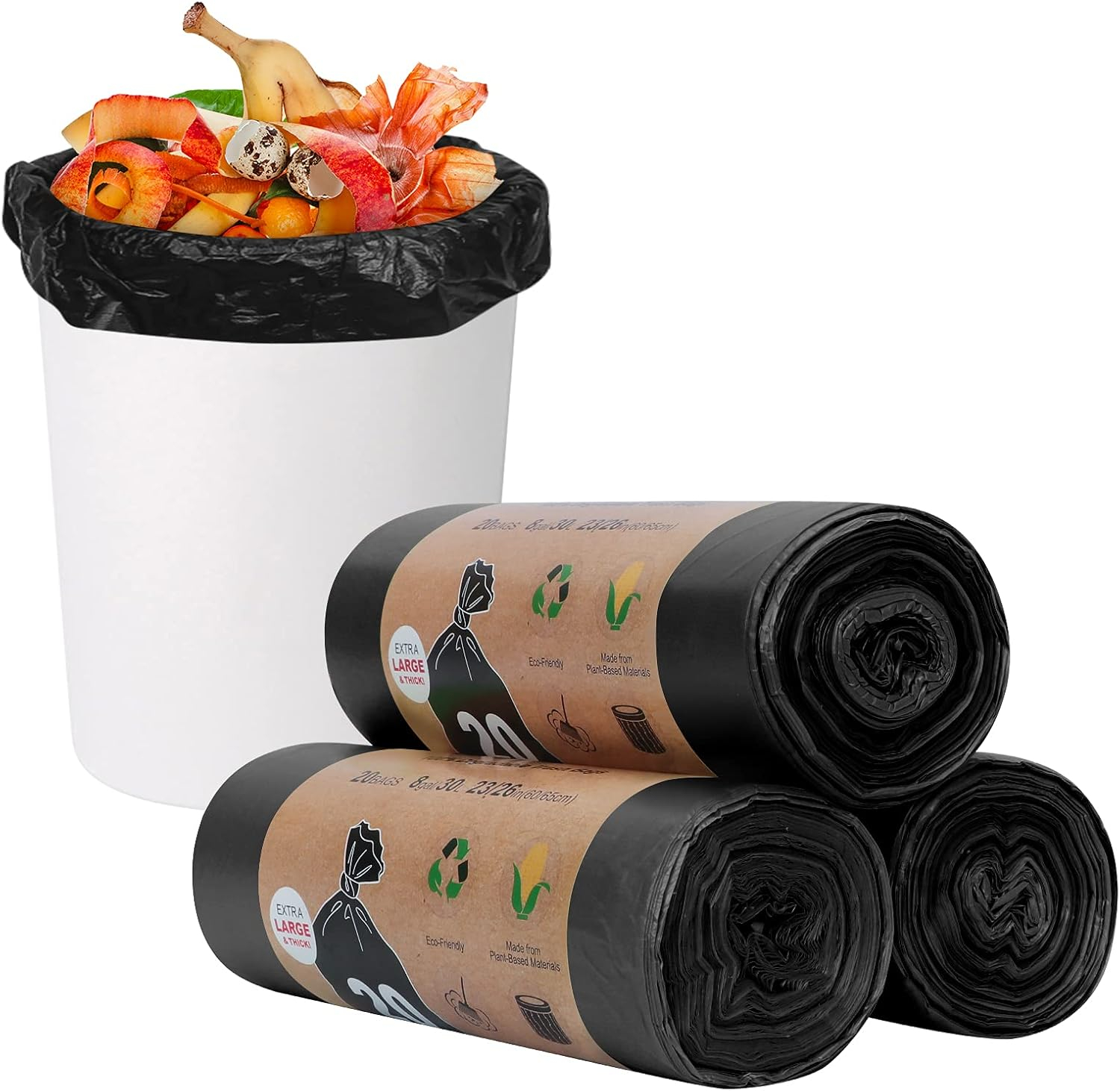 Toplive Trash Bag ,8 Gallon 60 Count Garbage Bag Biodegradable Compostable 1.5 Mil Thickness Trash Bags Wastebasket Bin Liners for Home Bathroom Bedroom Kitchen Office Trash Can(3 Rolls)