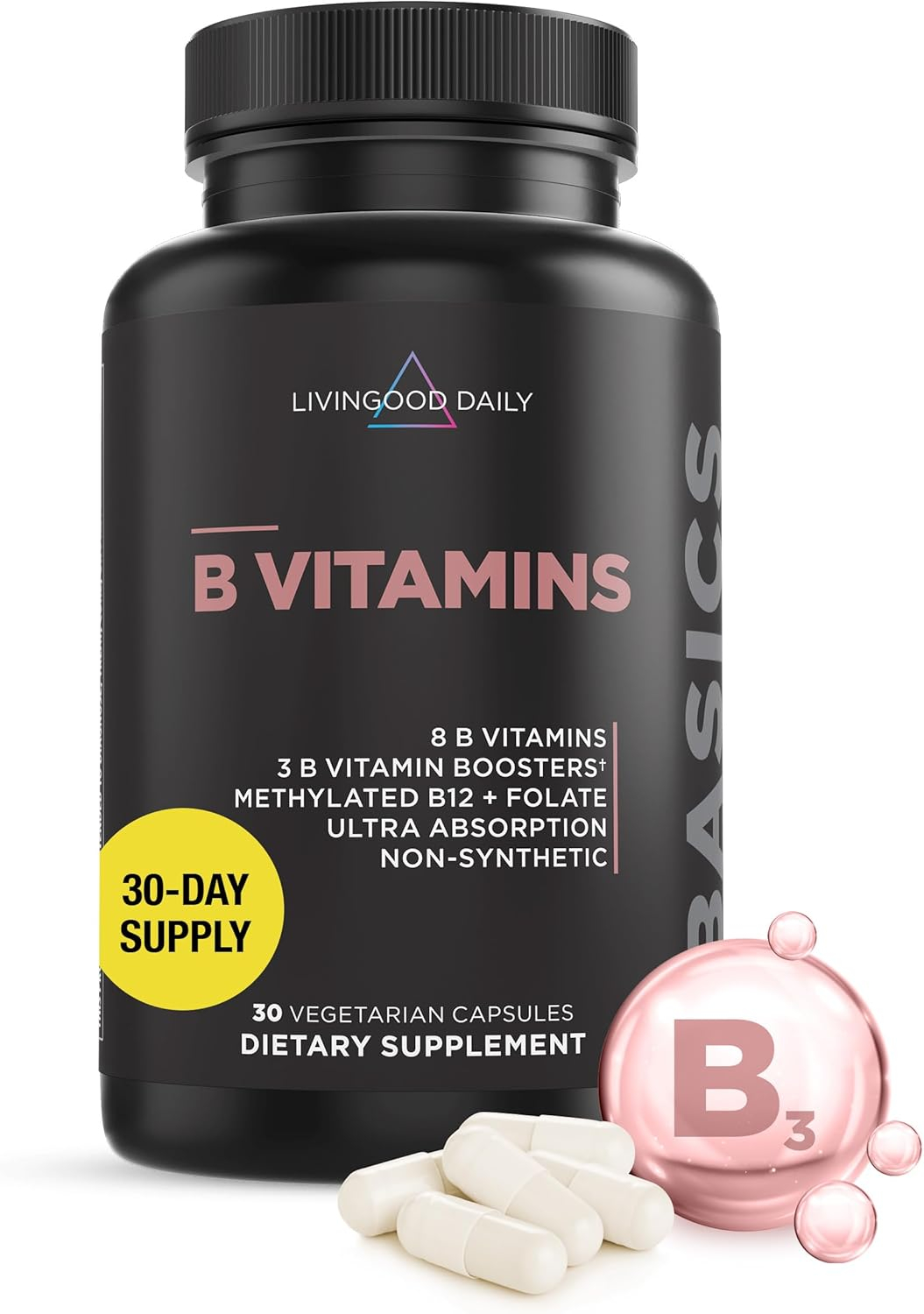 Livingood Daily Vitamin B Complex Capsules - B-Complex Vitamin Supplement for Women & Men - Supports Nervous System Health, Cognitive Function - Promotes Skin, Heart & Hair Health - Vegan, 30 Capsules