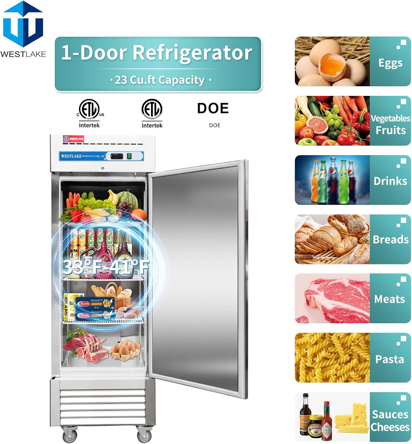 WESTLAKE 27" W Commercial Refrigerator Stainless Steel Reach in Solid Single Door Upright Fan Cooling 23 Cu.ft Cooler for Restuarant, Bar, Shop, etc
