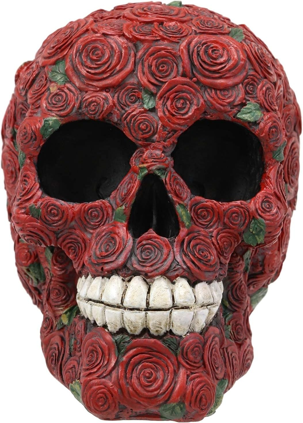 Day of The Dead Red Floral Roses With Green Petals Sugar Skull Figurine Decor