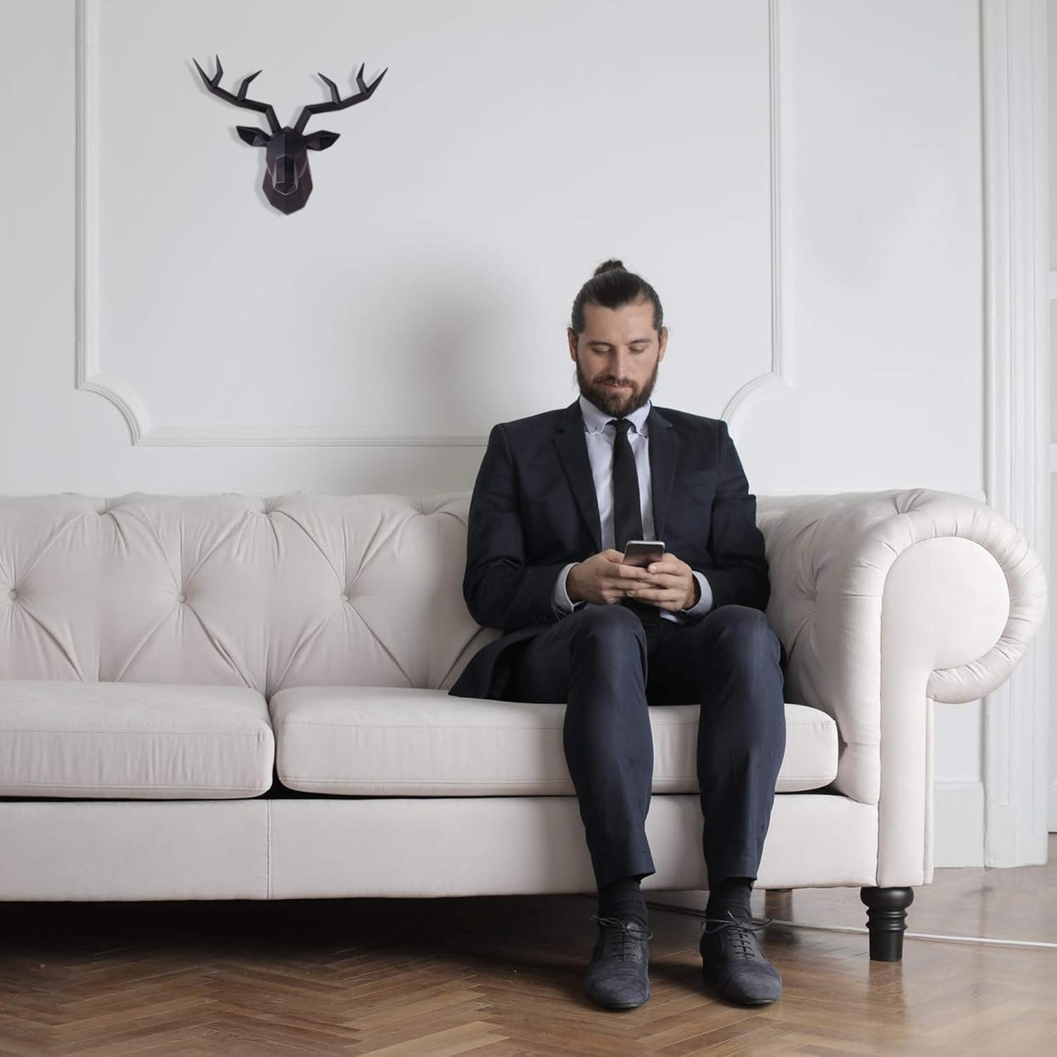 Deer Head Wall Decor Geometrical Black Deer Antlers Wall Sculpture Faux Taxidermy Resin Wall Animal Head 14x5.5x11 Inches