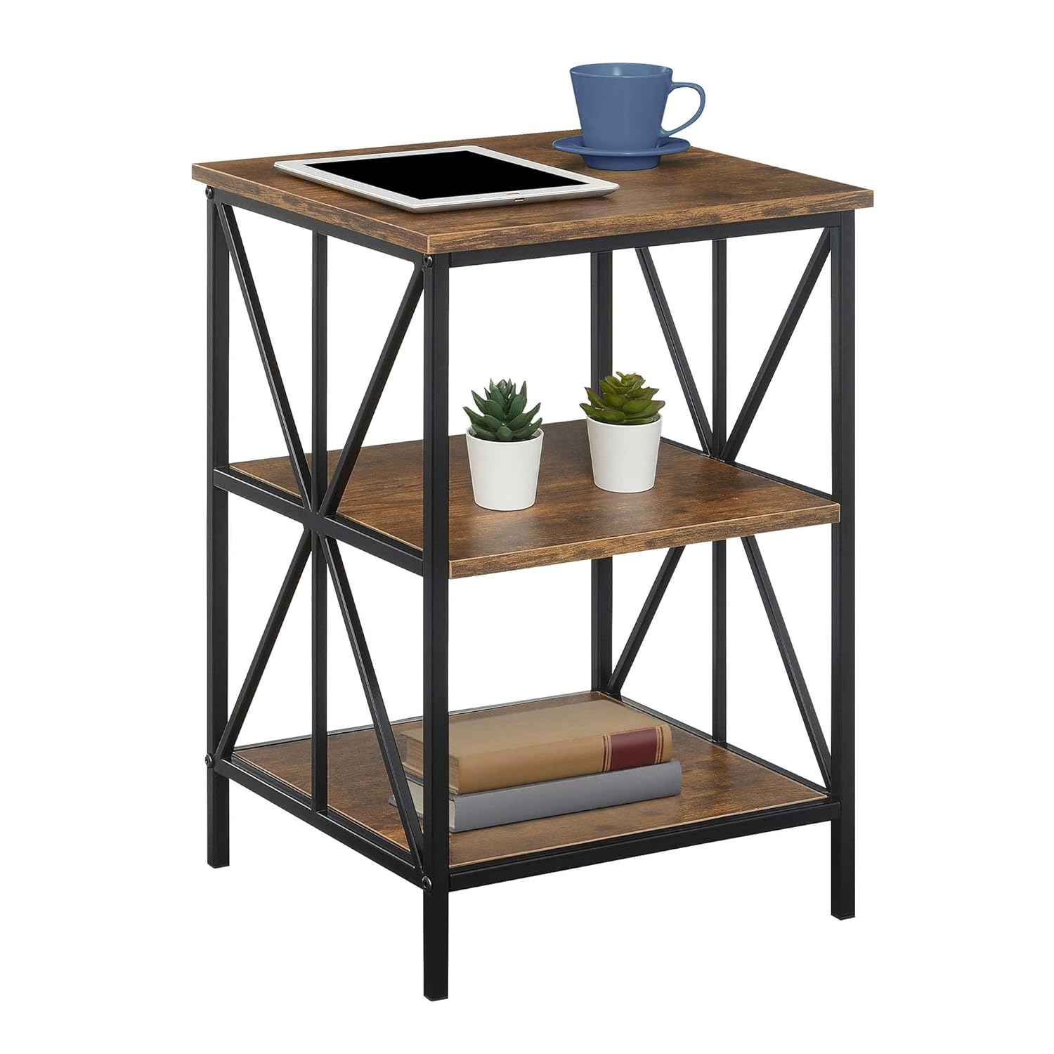 Convenience Concepts Tucson Starburst End Table with Shelves, Barnwood/Black