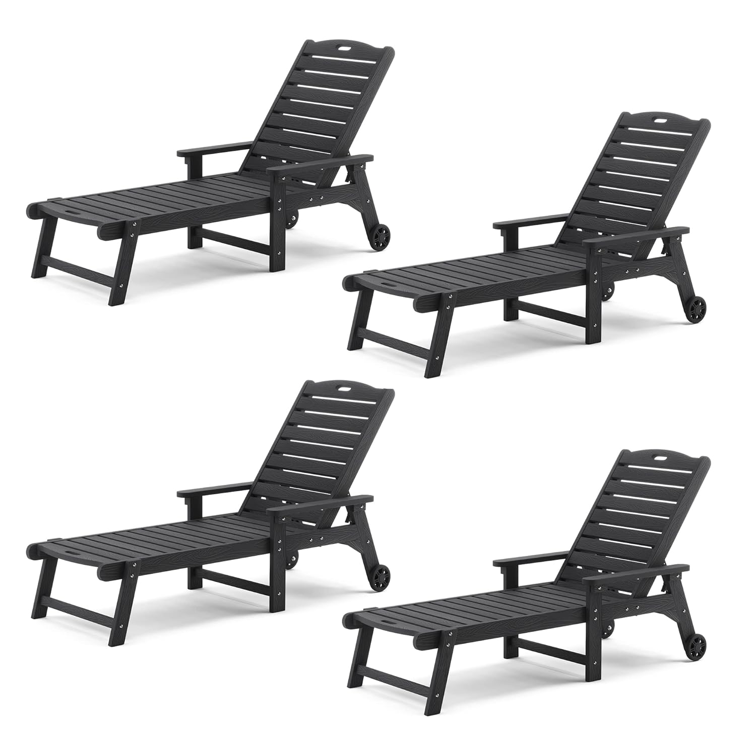 LUE BONA Outdoor Chaise Lounge Chairs Set of 4, 79'' Oversized HDPS Chaise Lounger, 5 Positions Adjustable Lounge Chairs, Pool Lounge Chair with Wheels for Poolside, 3 Year Warranty, Black