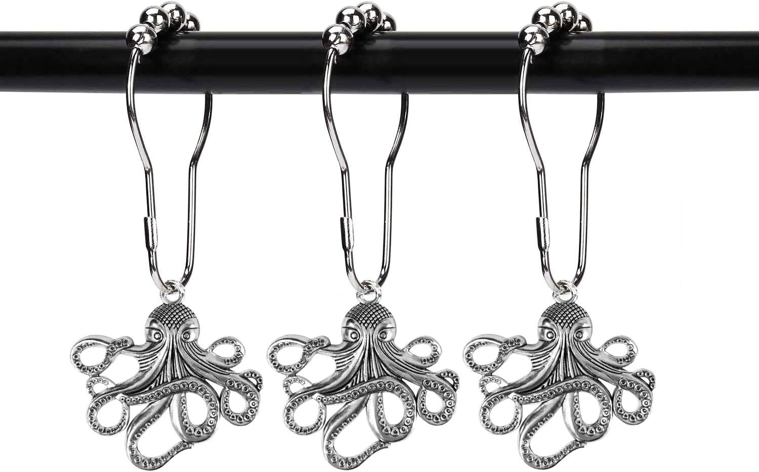 Set of 12 Octopus Shower Curtain Hooks Decorative Home Bathroom Squid Sea Creature Beast Stainless Steel Rustproof Brushed Nickel Rings with Octopus Decorative Accessories (Silver)
