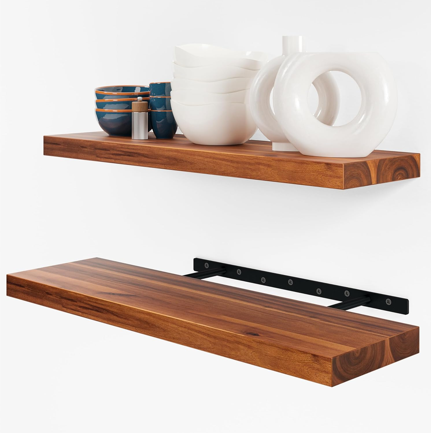 BATODA Set of 2 24" Acacia Wood Floating Shelves Wall Mounted – Rustic Farmhouse Wooden Wall Storage Shelf for Bedroom, Kitchen, Home Décor - Brackets and Shelving Hardware Included