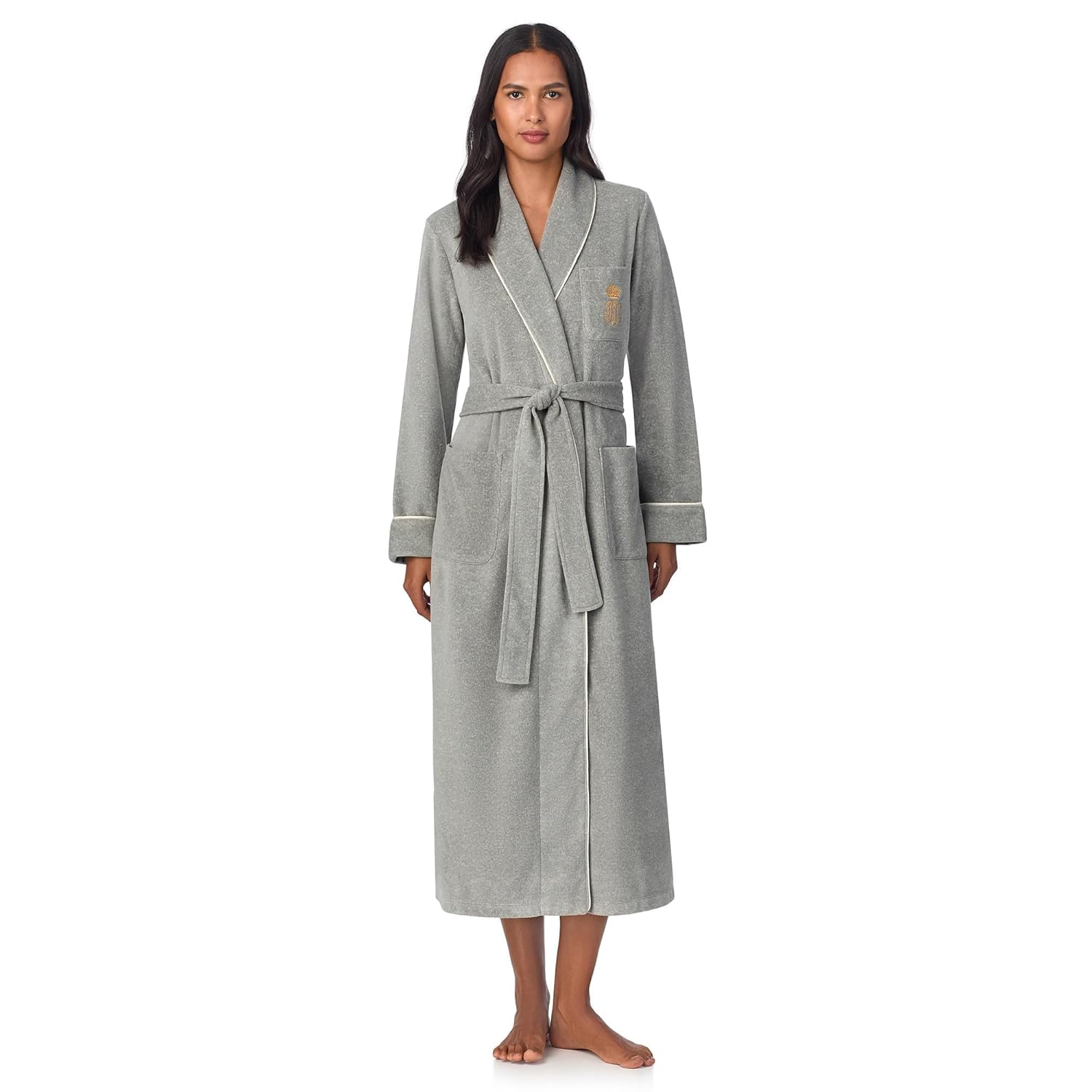 Grey Heather Shawl Collar Fleece Robe with Pockets