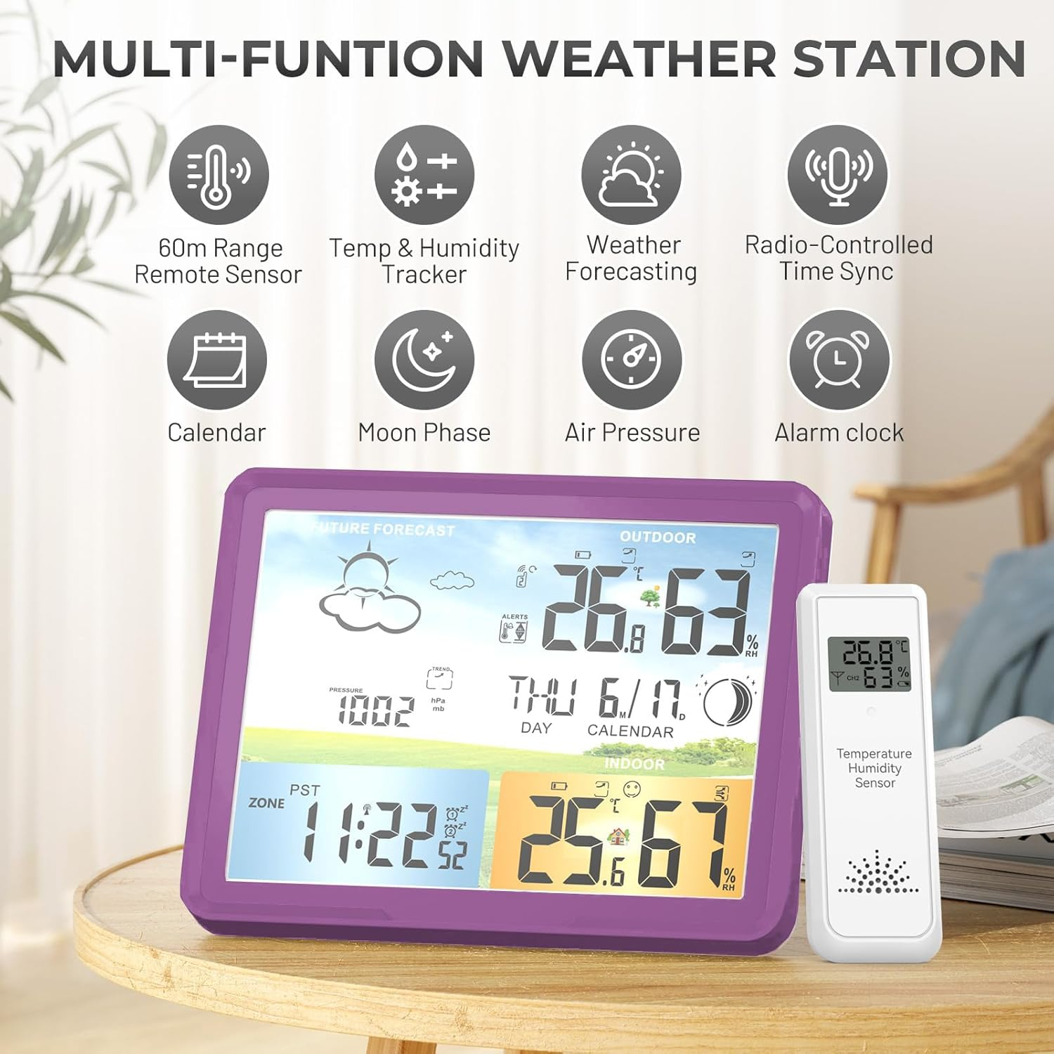 Weather Station Wireless Indoor Outdoor Thermometer, Color Display Digital Thermometer Humidity Monitor with Atomic Clock, Forecast Station with Calendar and Adjustable Backlight for Home