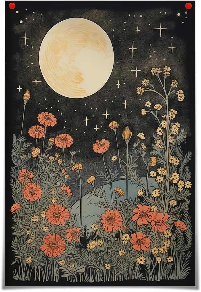 Celestial Star Canvas Wall Art，Vintage Poster，Dark Aesthetic Moon Stars and Flowers Decor, Prints Goth Room Picture Witchy Gothic Wall Decor for Living Room Bedroom 12 x 16 in Unframed