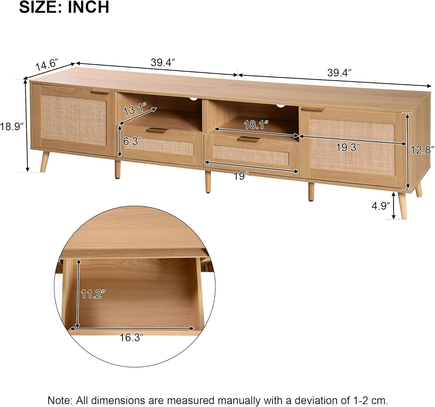 Rattan TV Stand for 85''+ TV, Mid Century Modern Entertainment Center with Rattan Decor Doors, Wood TV Console with 2 Doors & 2 Open Shelves & Drawers for Living Room, Bedroom, Natural